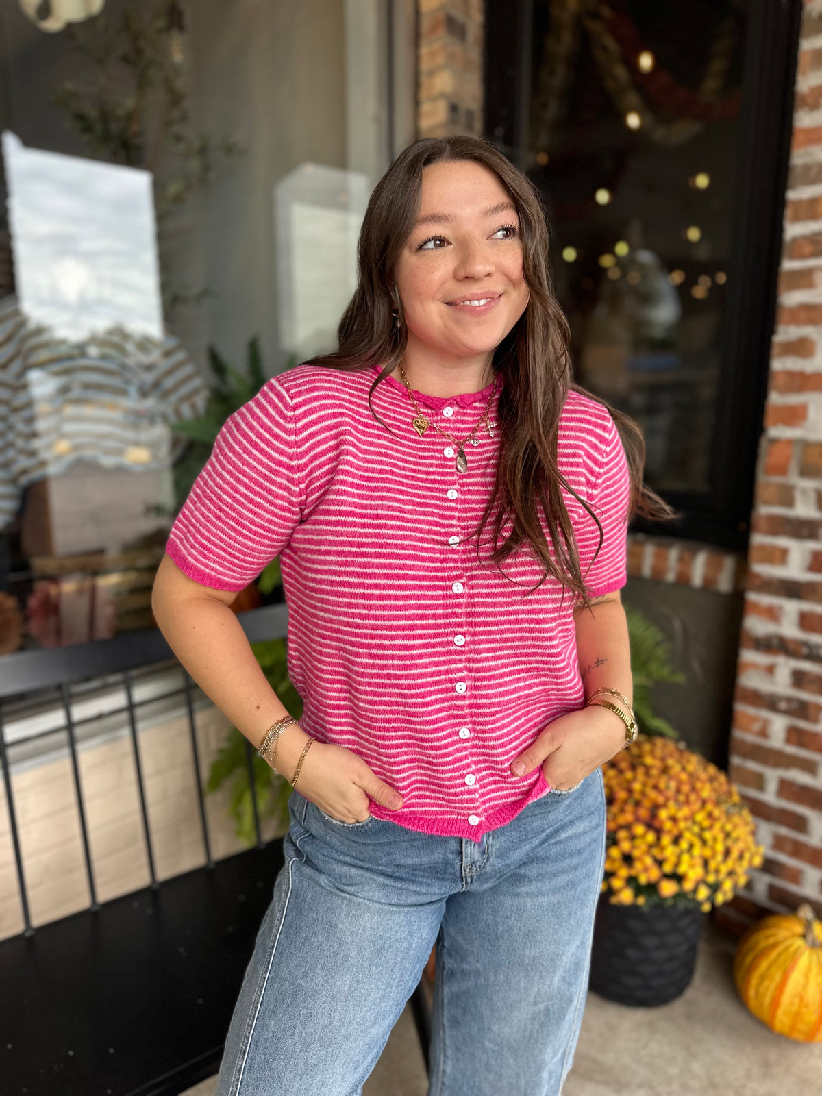 Pink Striped Short Sleeve Button Cardigan