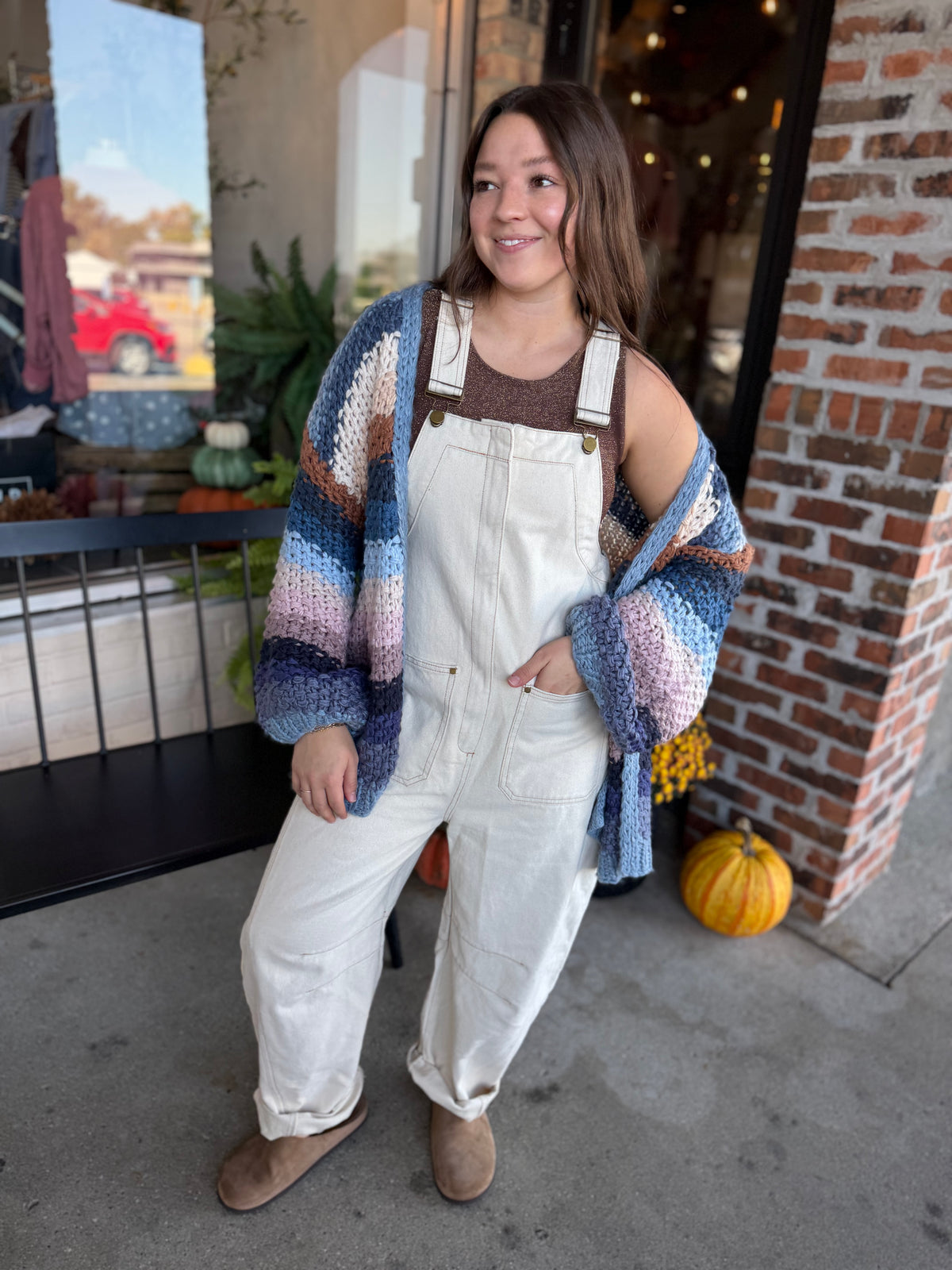 Cream Barrel Leg Utility Overalls