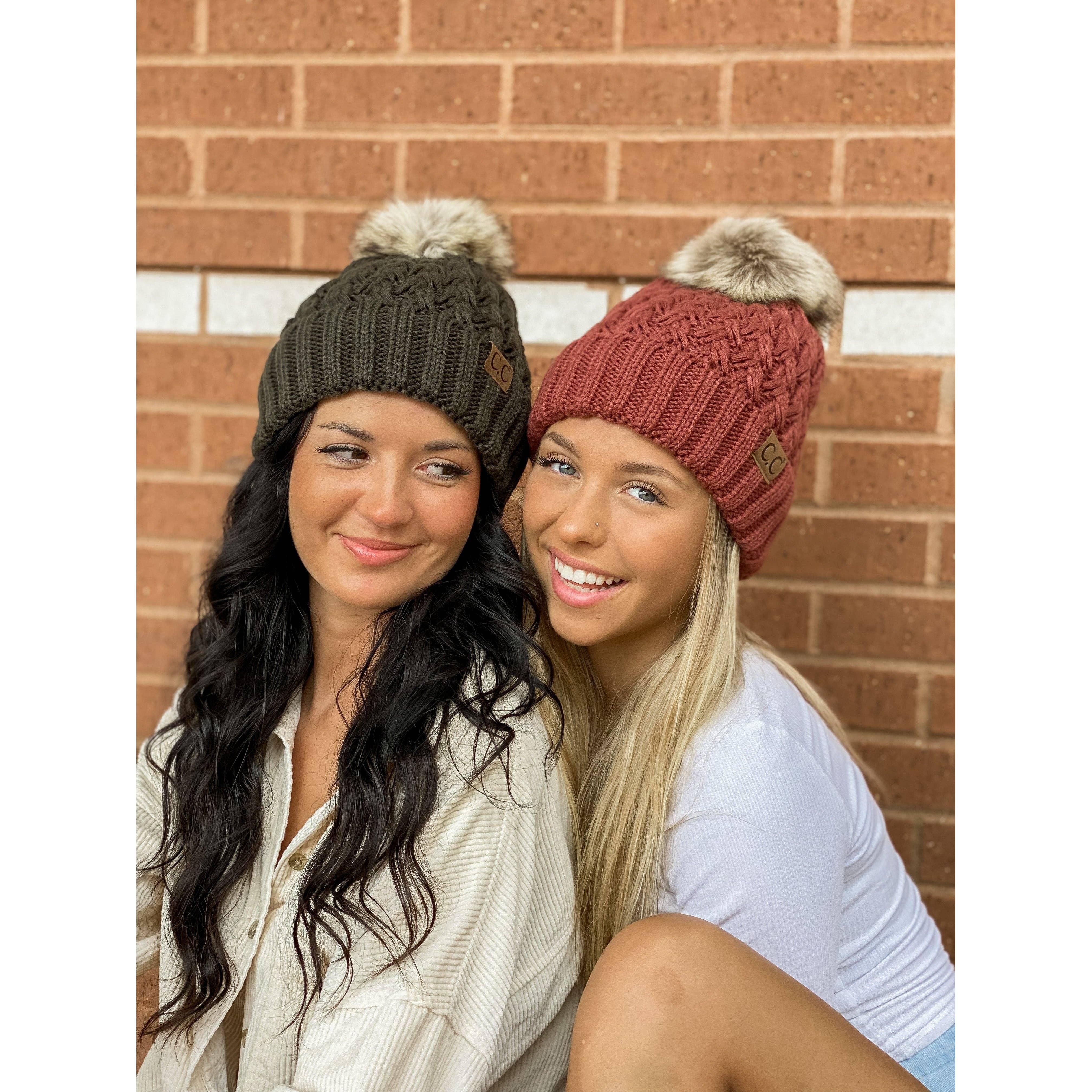 Earth Grey Lattice Stitch Fur Pom Beanie