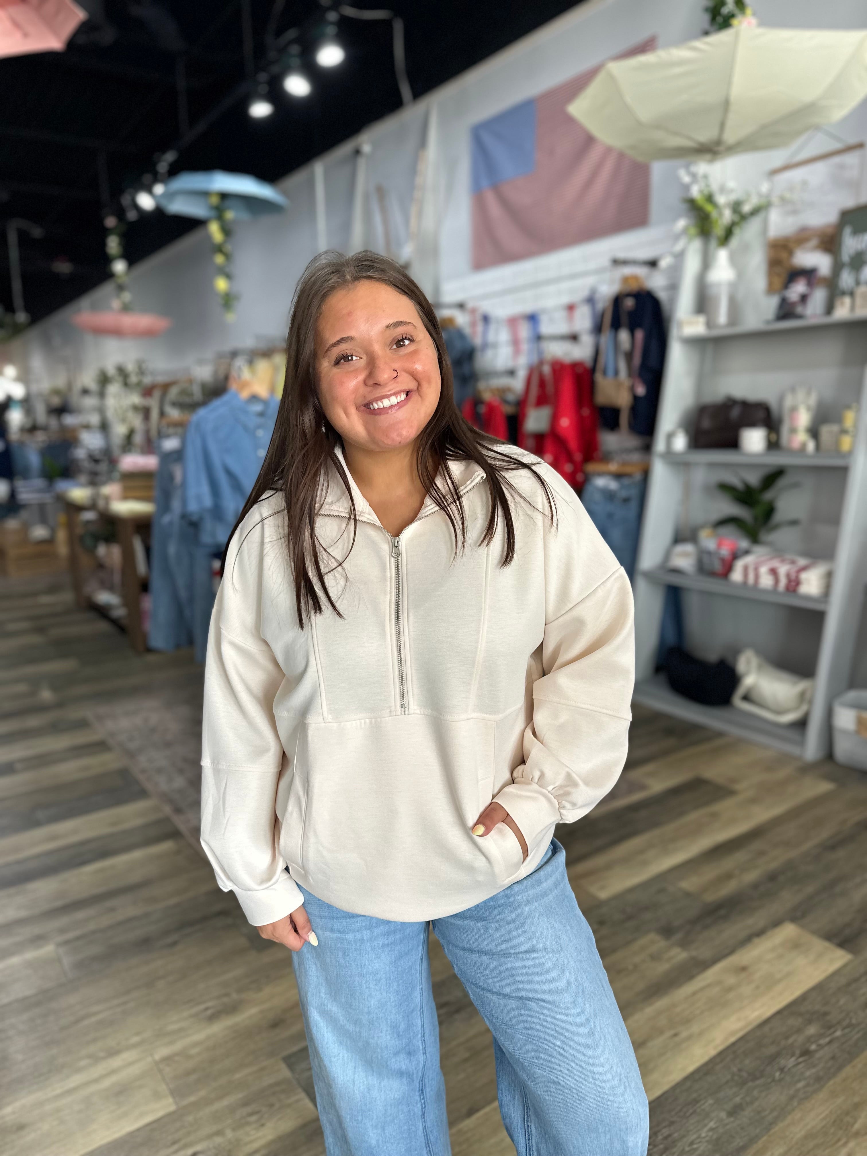 Cream Half Zip Oversized Top