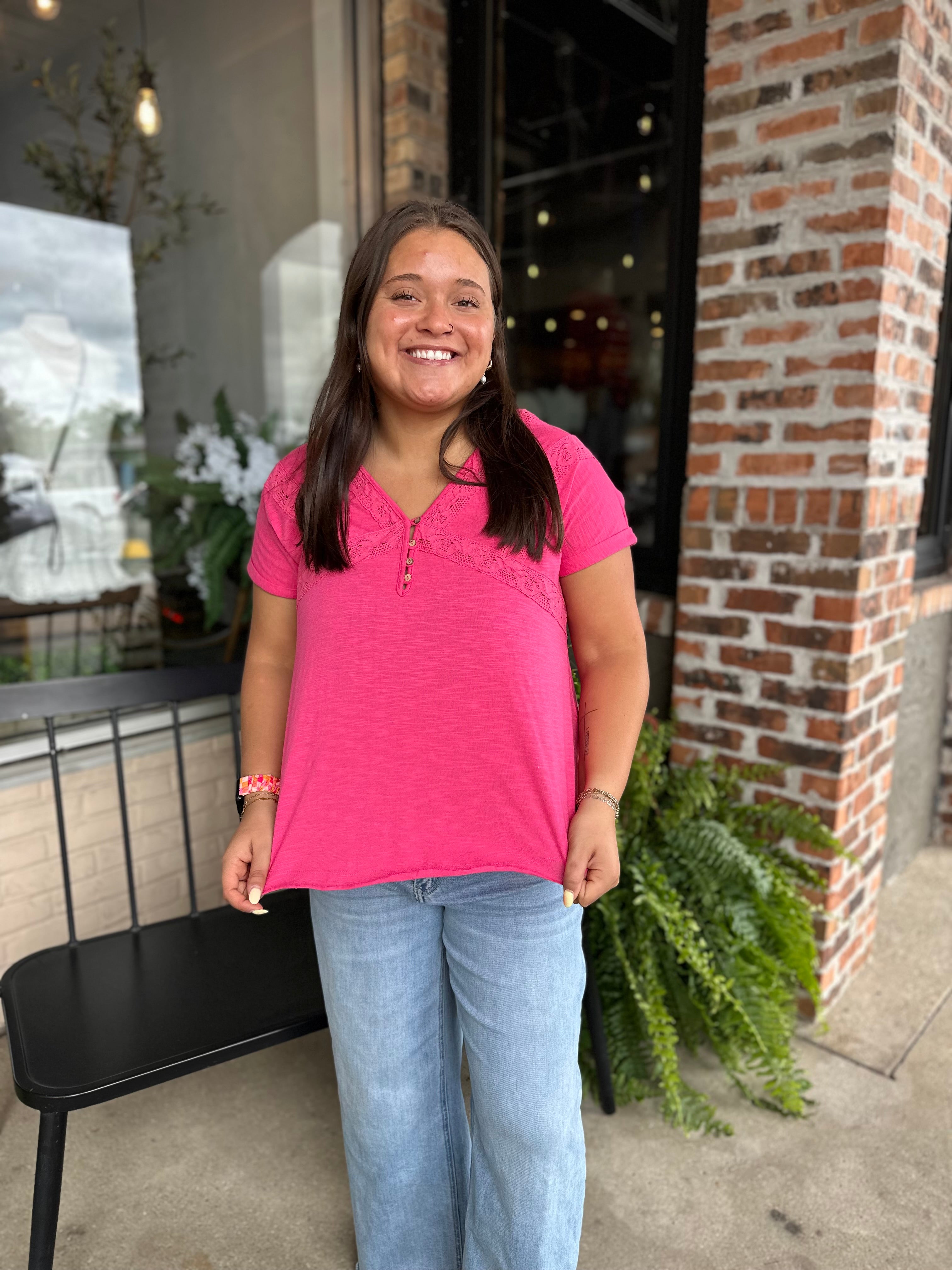 Hot Pink Lace Accent Henley Tee