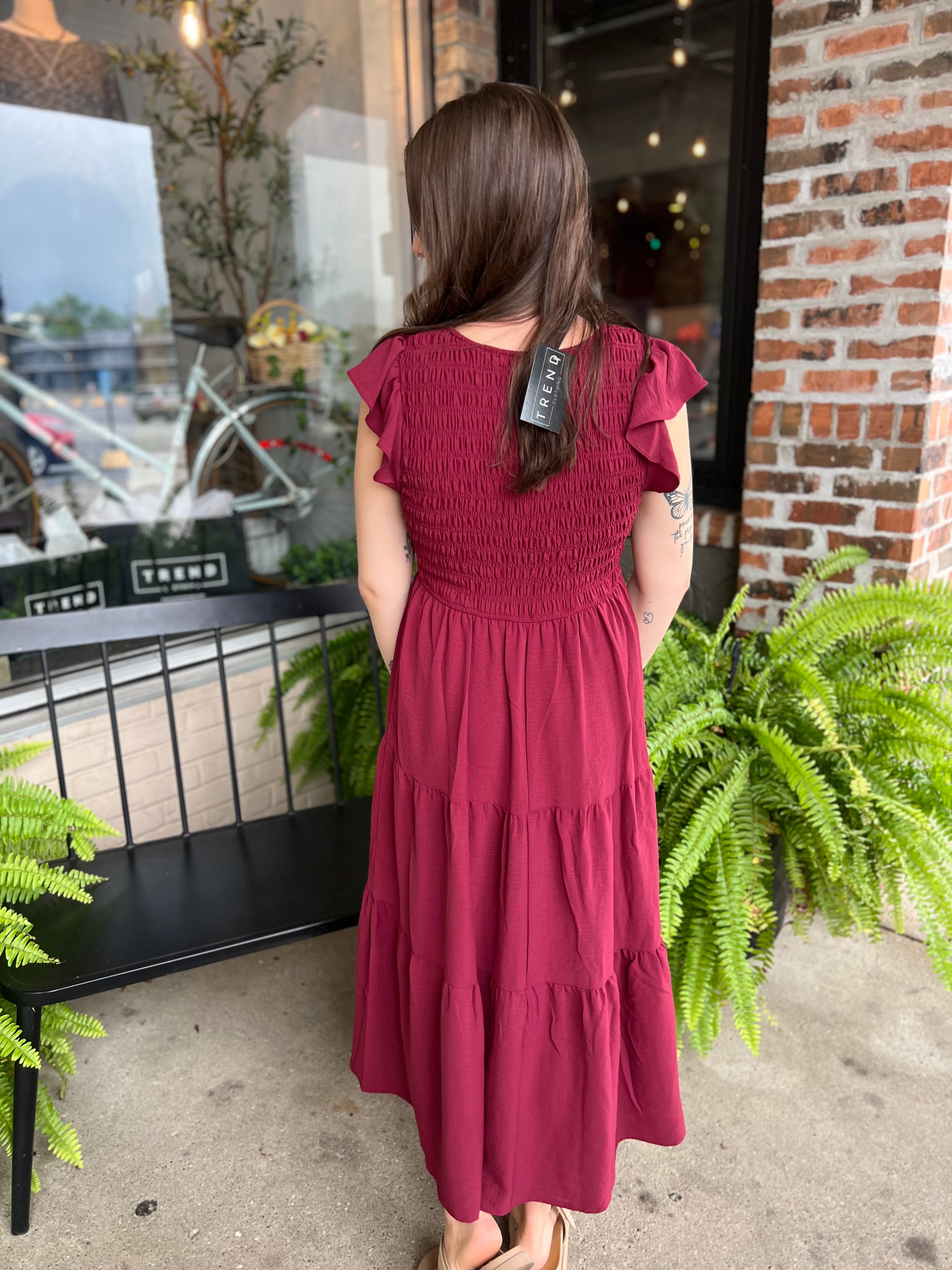 Burgundy Flutter Sleeve Maxi Dress