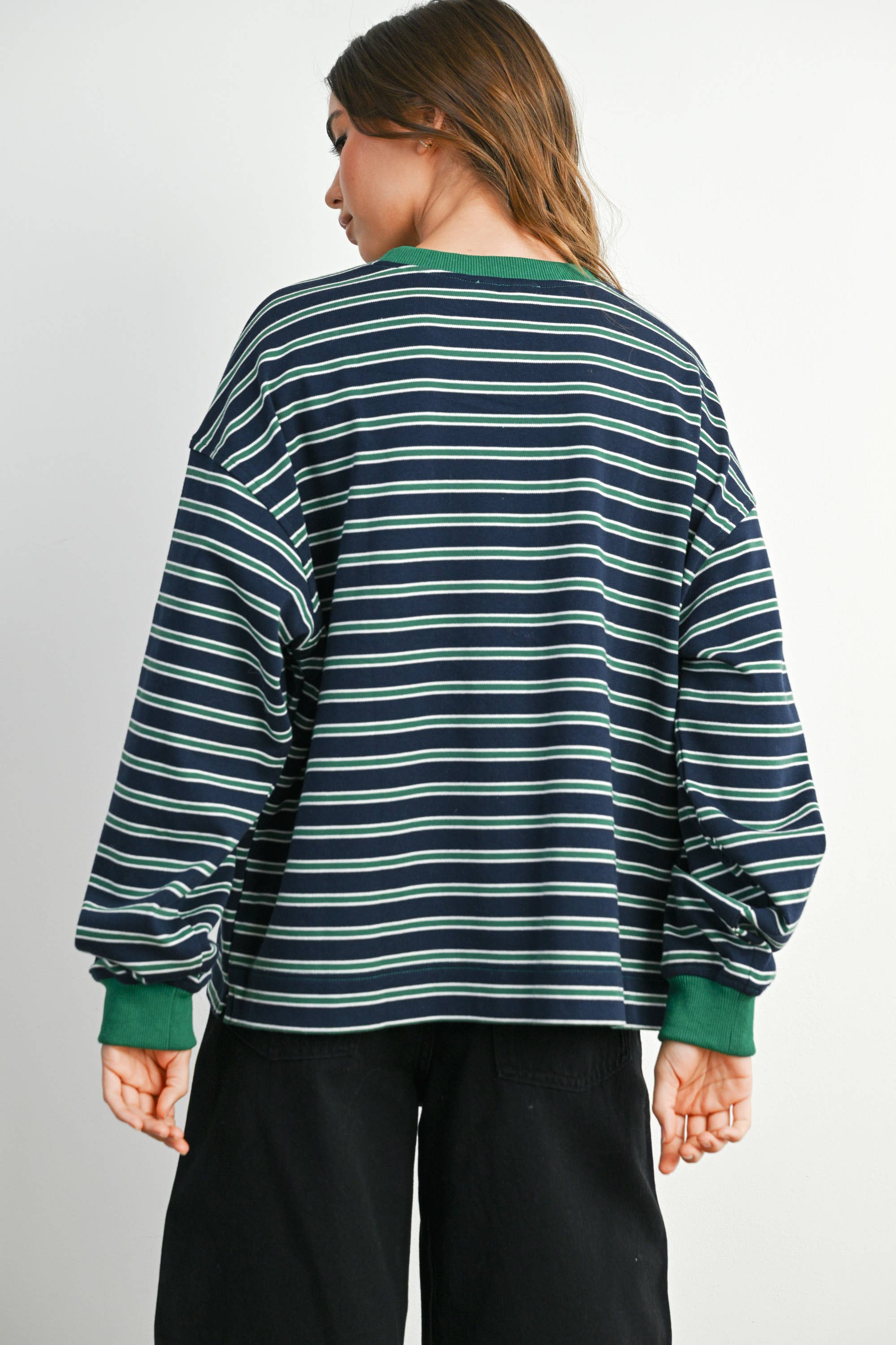 Green Striped Crew Neck Long Sleeve Top - FINAL SALE