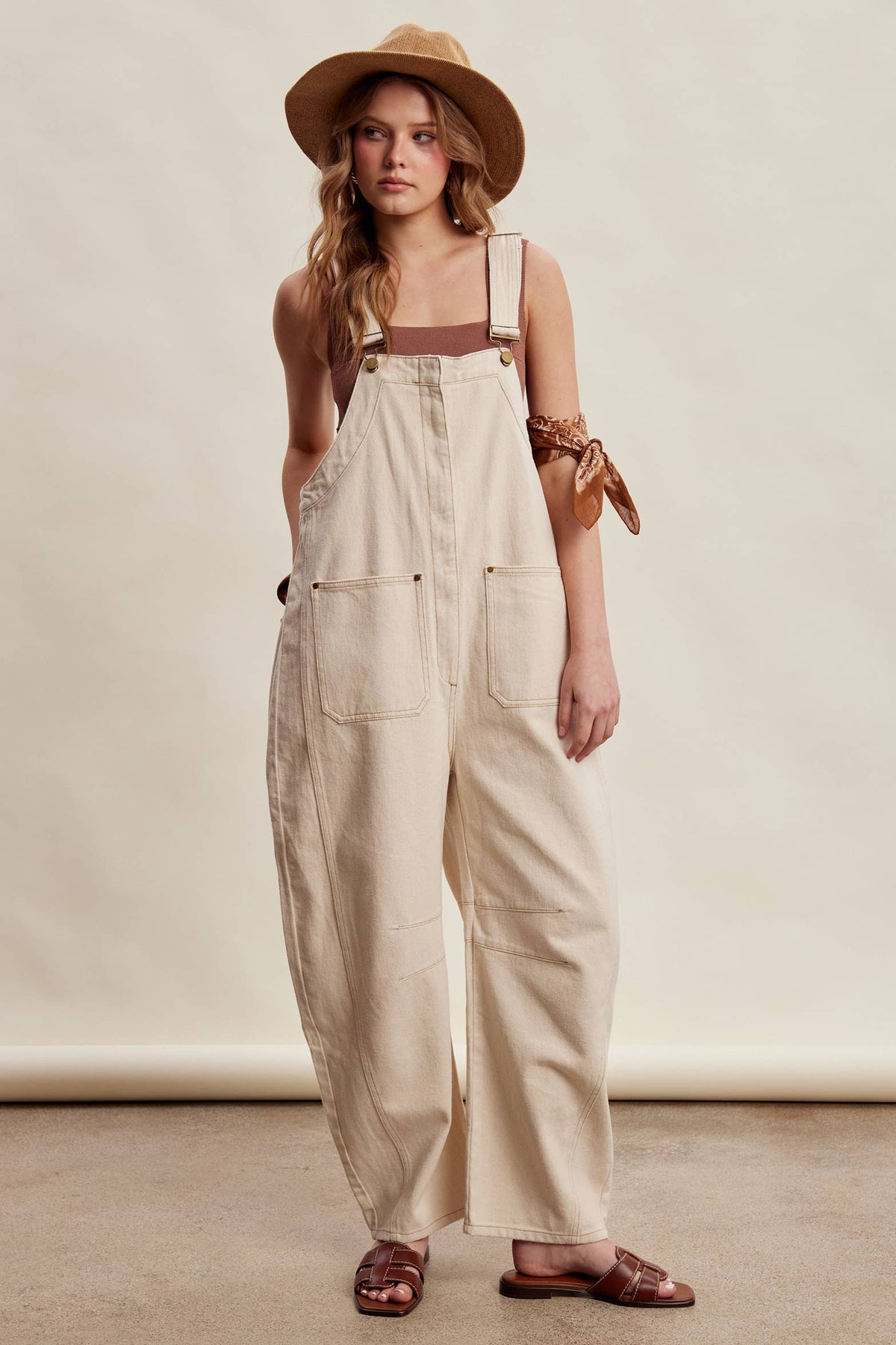 Cream Barrel Leg Utility Overalls