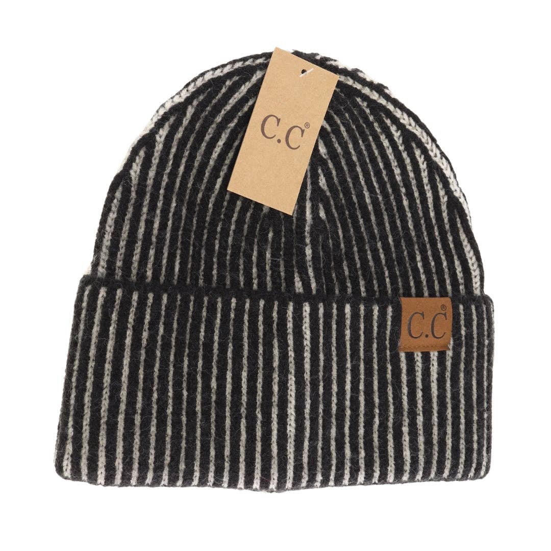 Olive Contrasting Striped Cuff Beanie