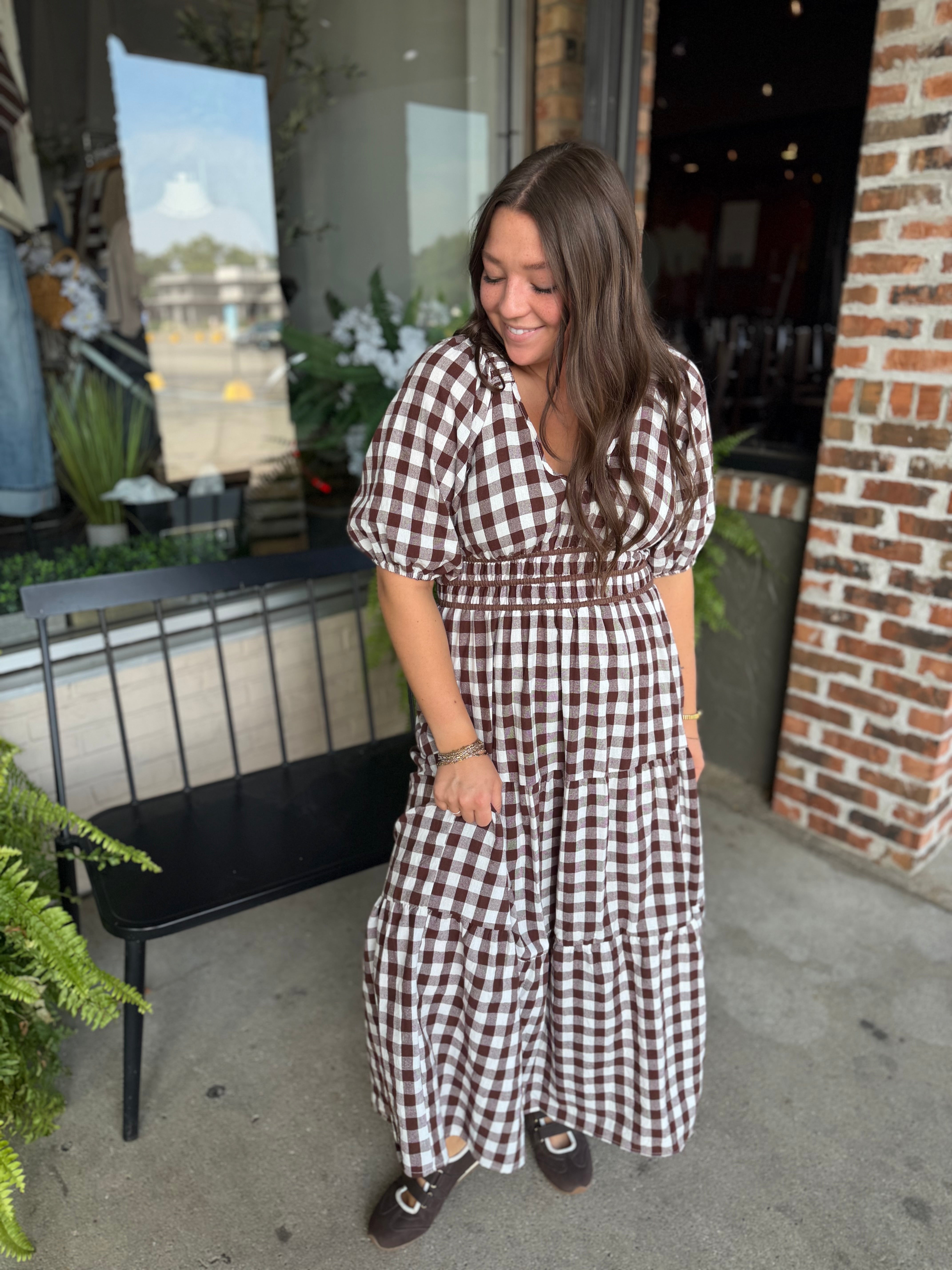 Brown Gingham Midi Dress