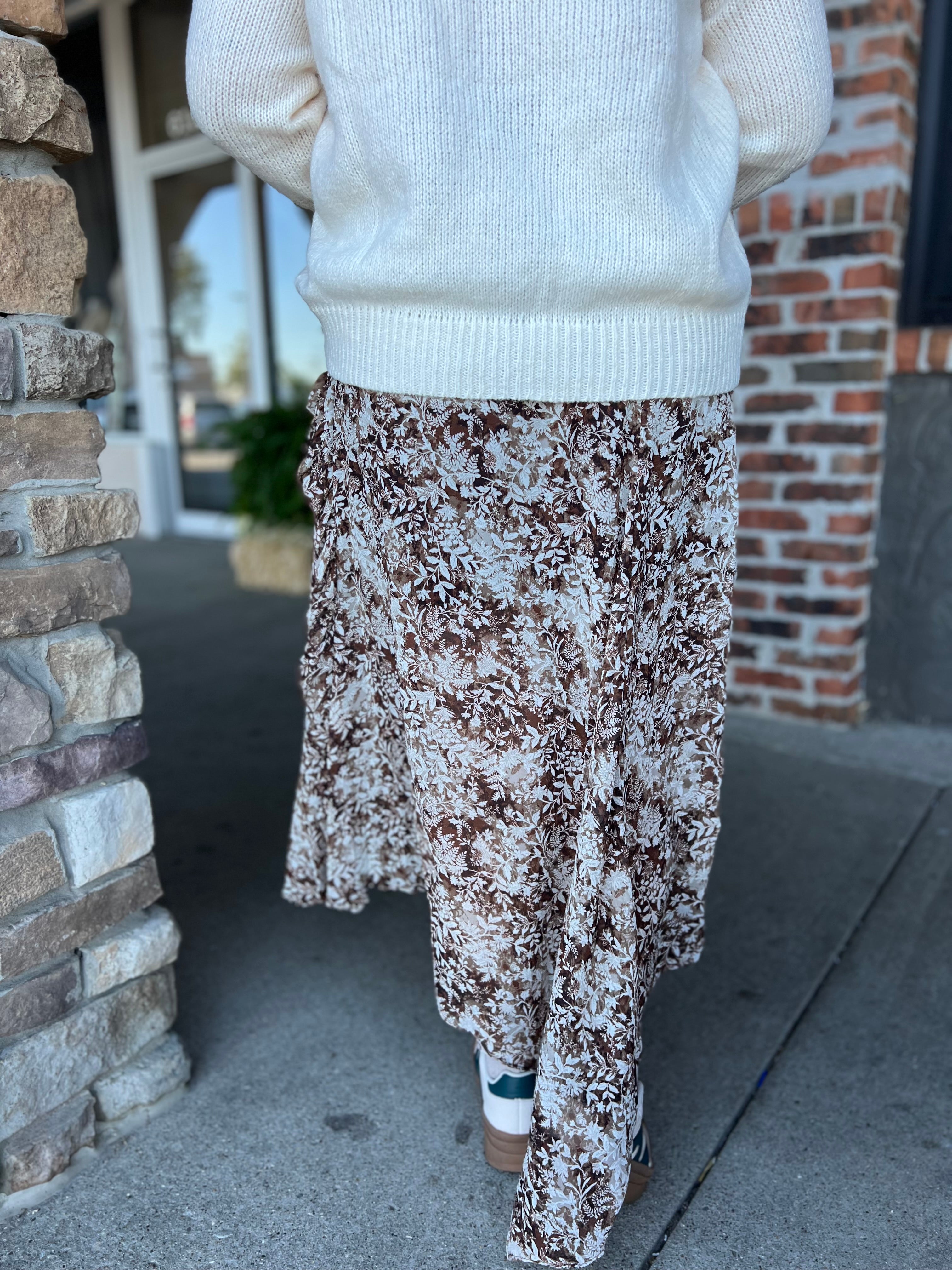 Brown Floral Midi Skirt