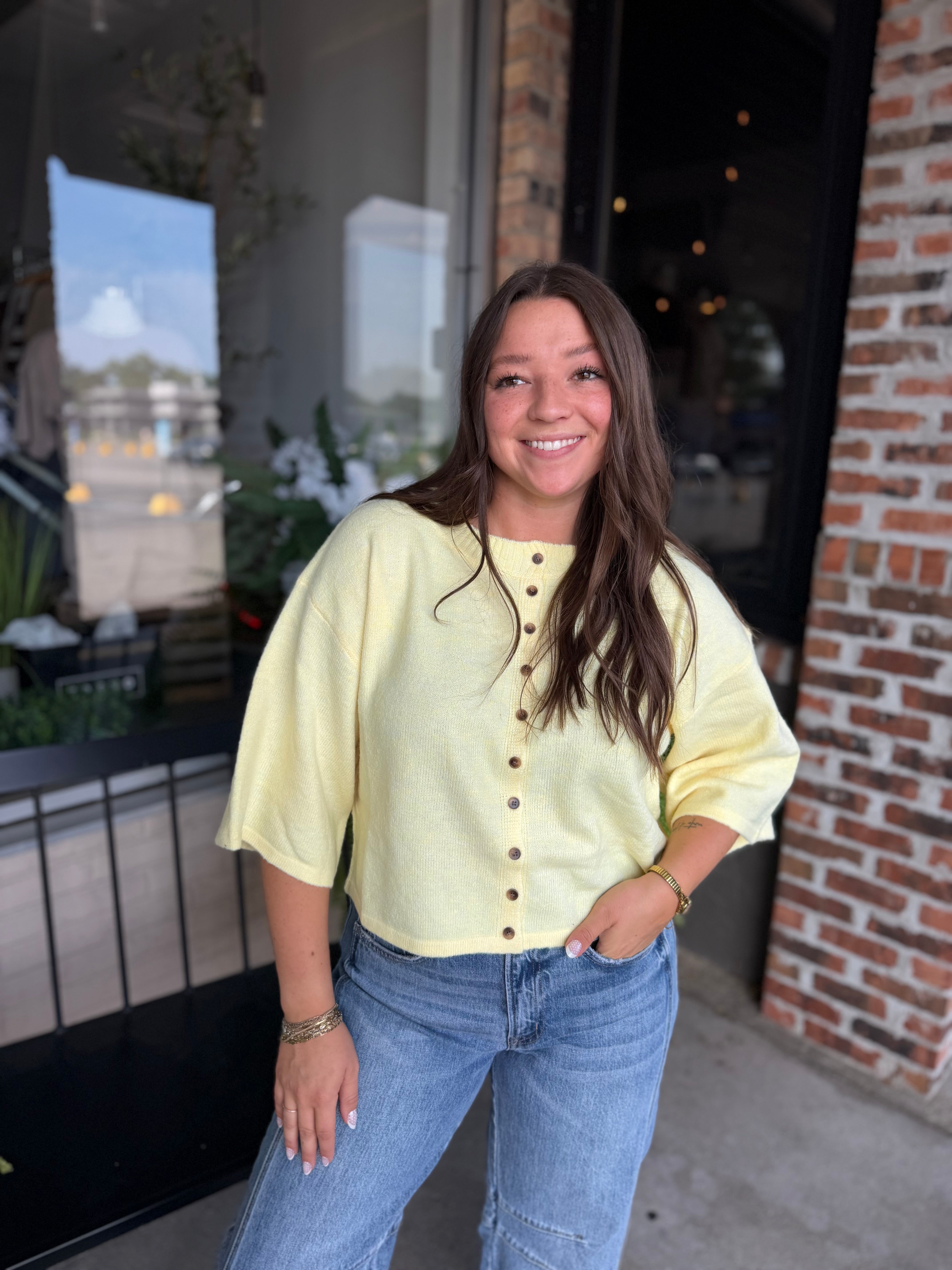 Yellow Wide Sleeve Button Front Knit Cardigan