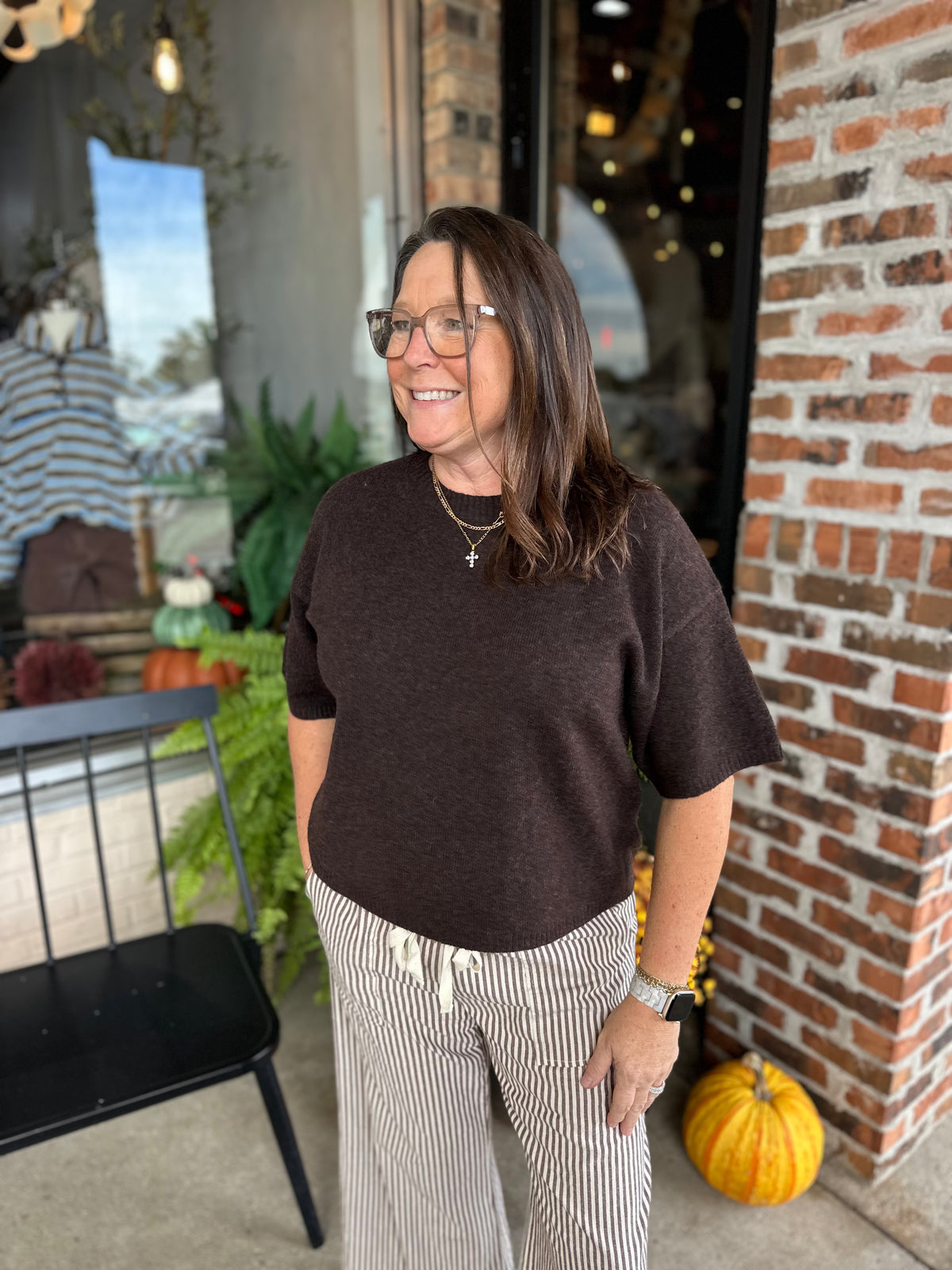 Brown Short Sleeve Boxy Sweater Top - FINAL SALE