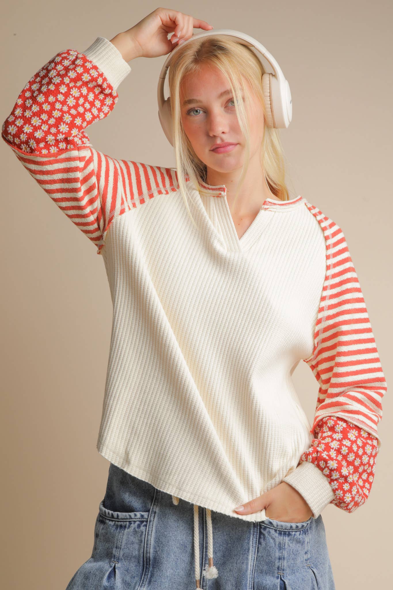 Plus Rust Oversized Floral & Stripe Top