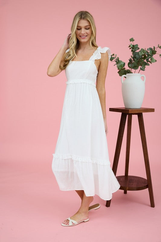 White Ruffle Detail Midi Dress