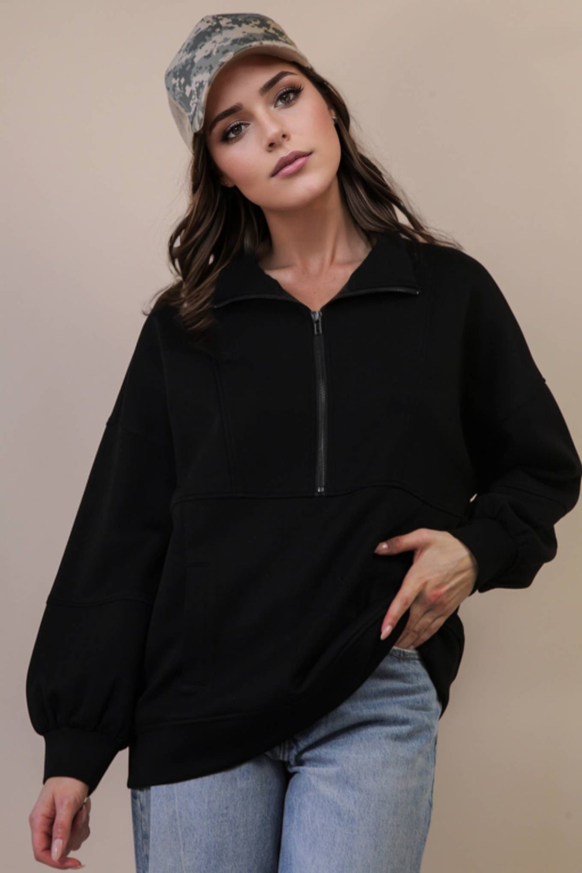 Black Half Zip UP Oversized Top