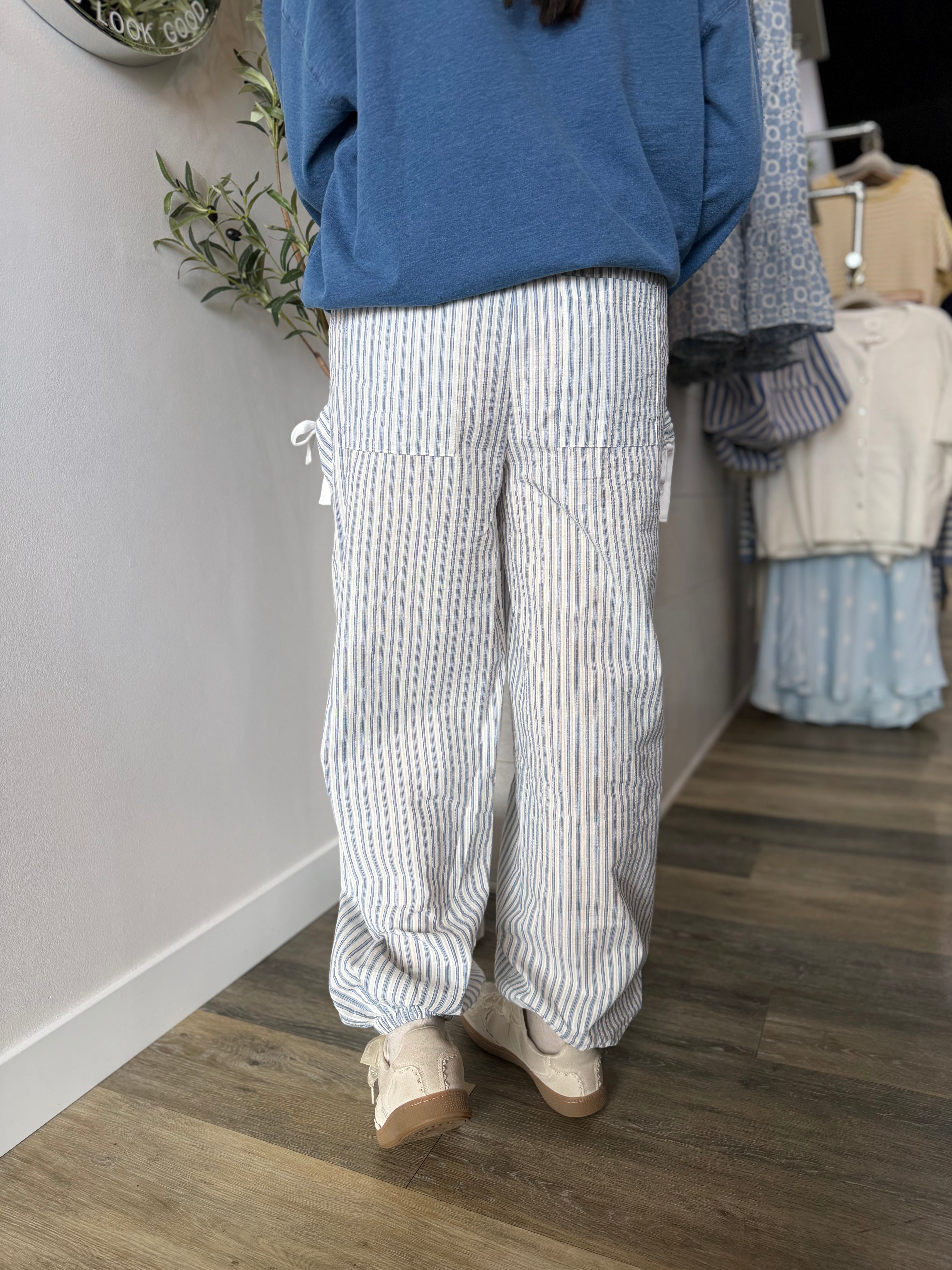 Blue Stripe Textured Woven Pants - FINAL SALE