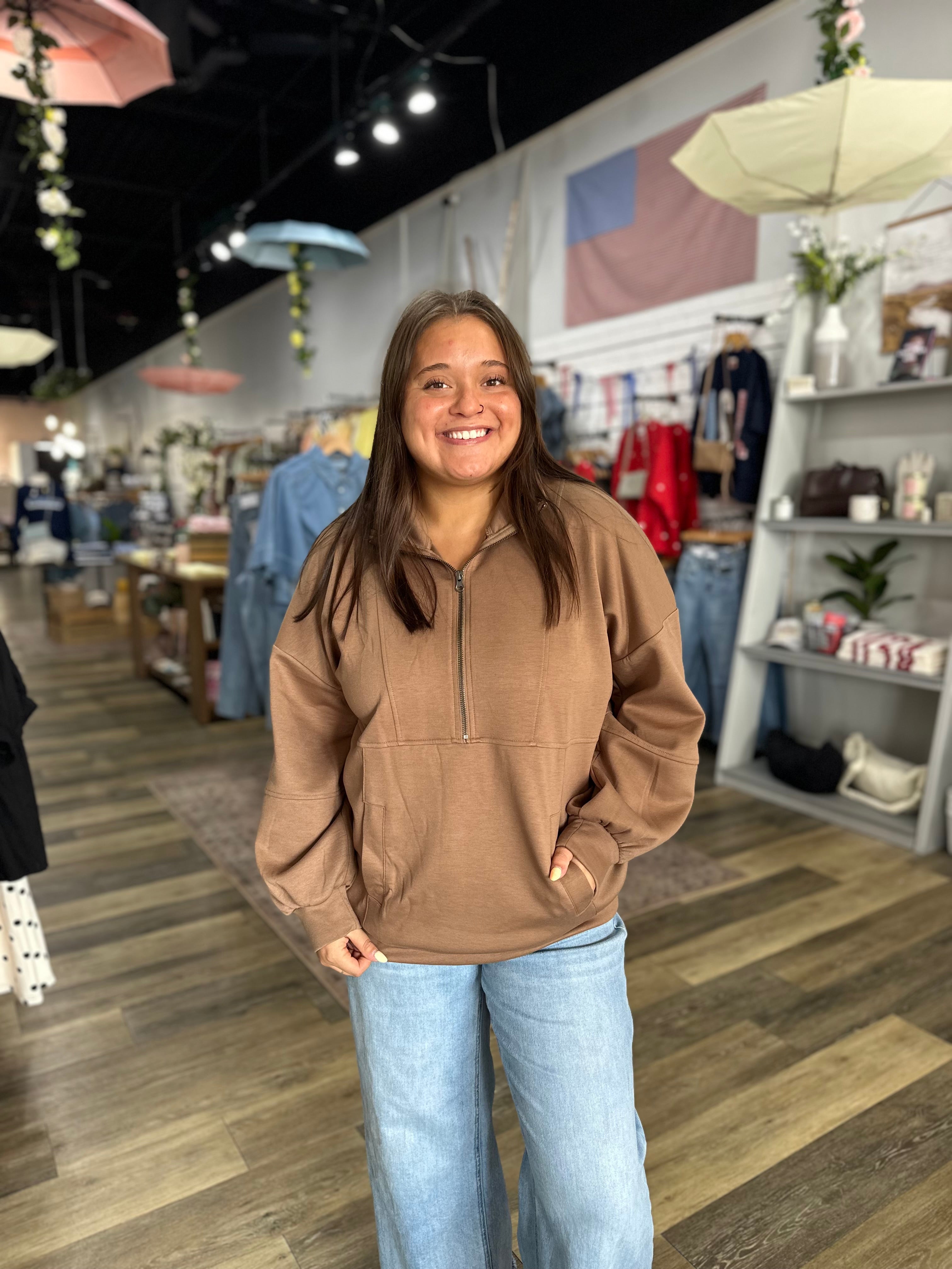 Mocha Half Zip Oversized Top