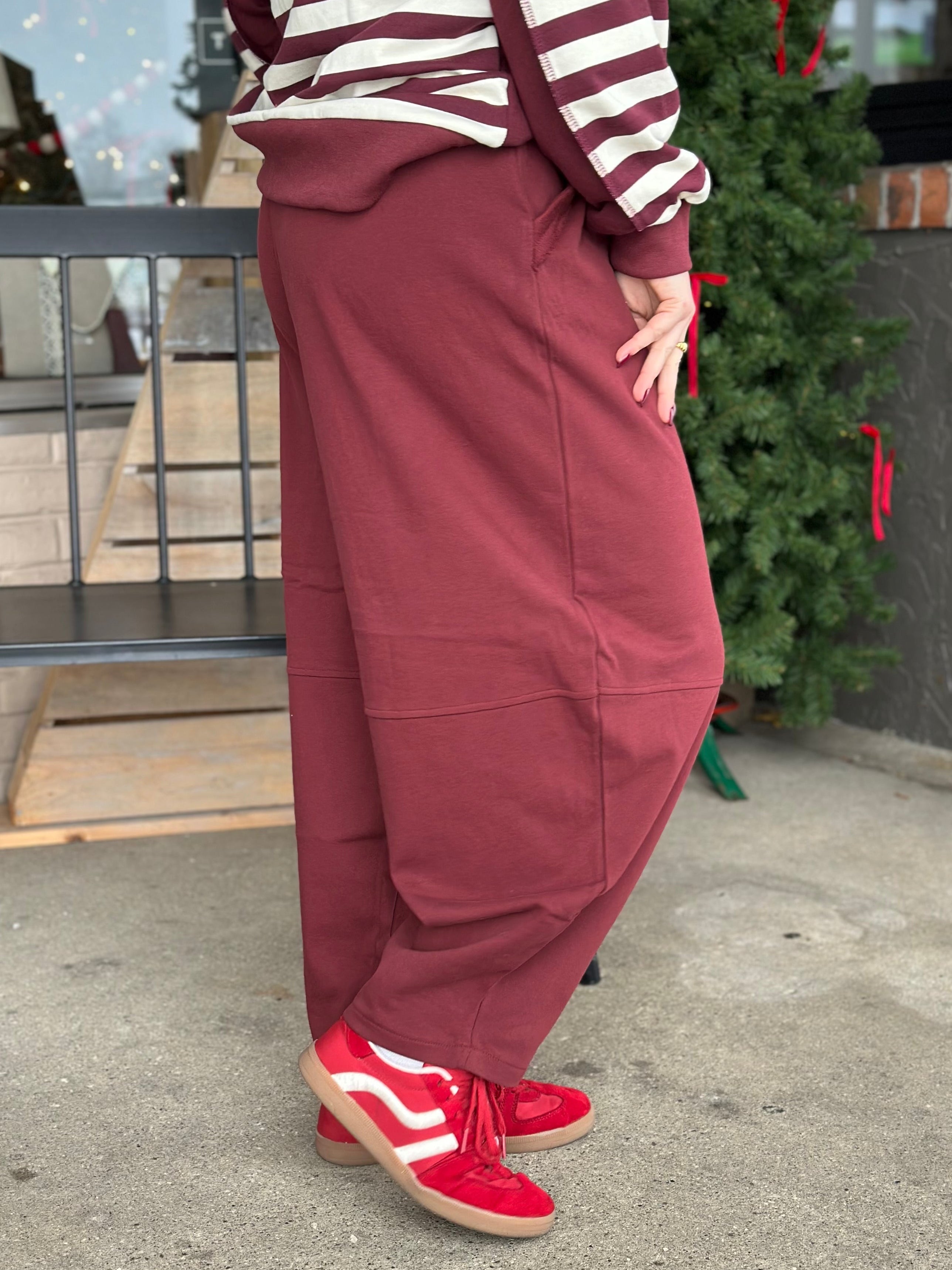 Burgundy Braid Waist Tie Barrel Pants