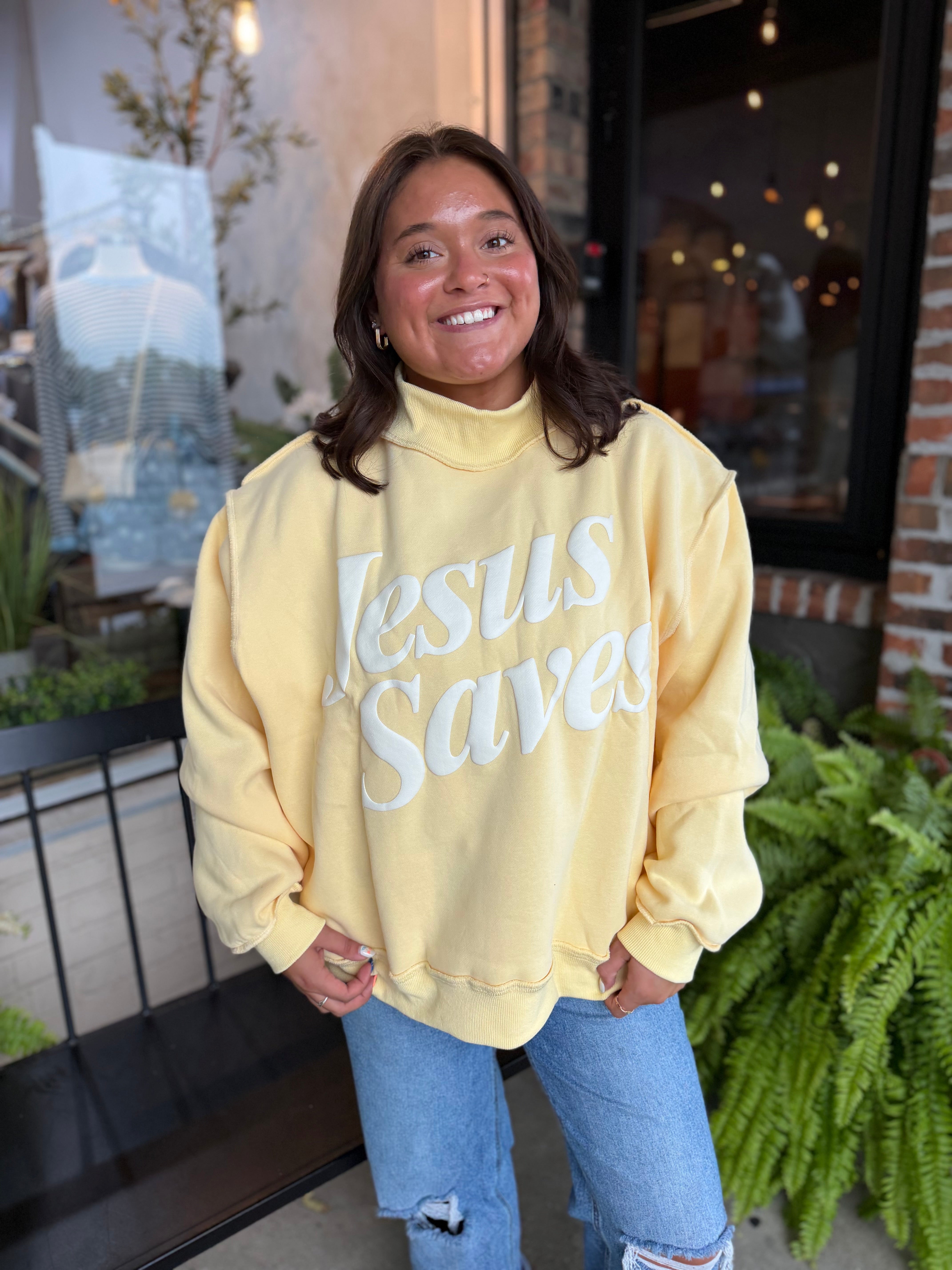 Yellow Jesus Saves Mock Neck Sweatshirt