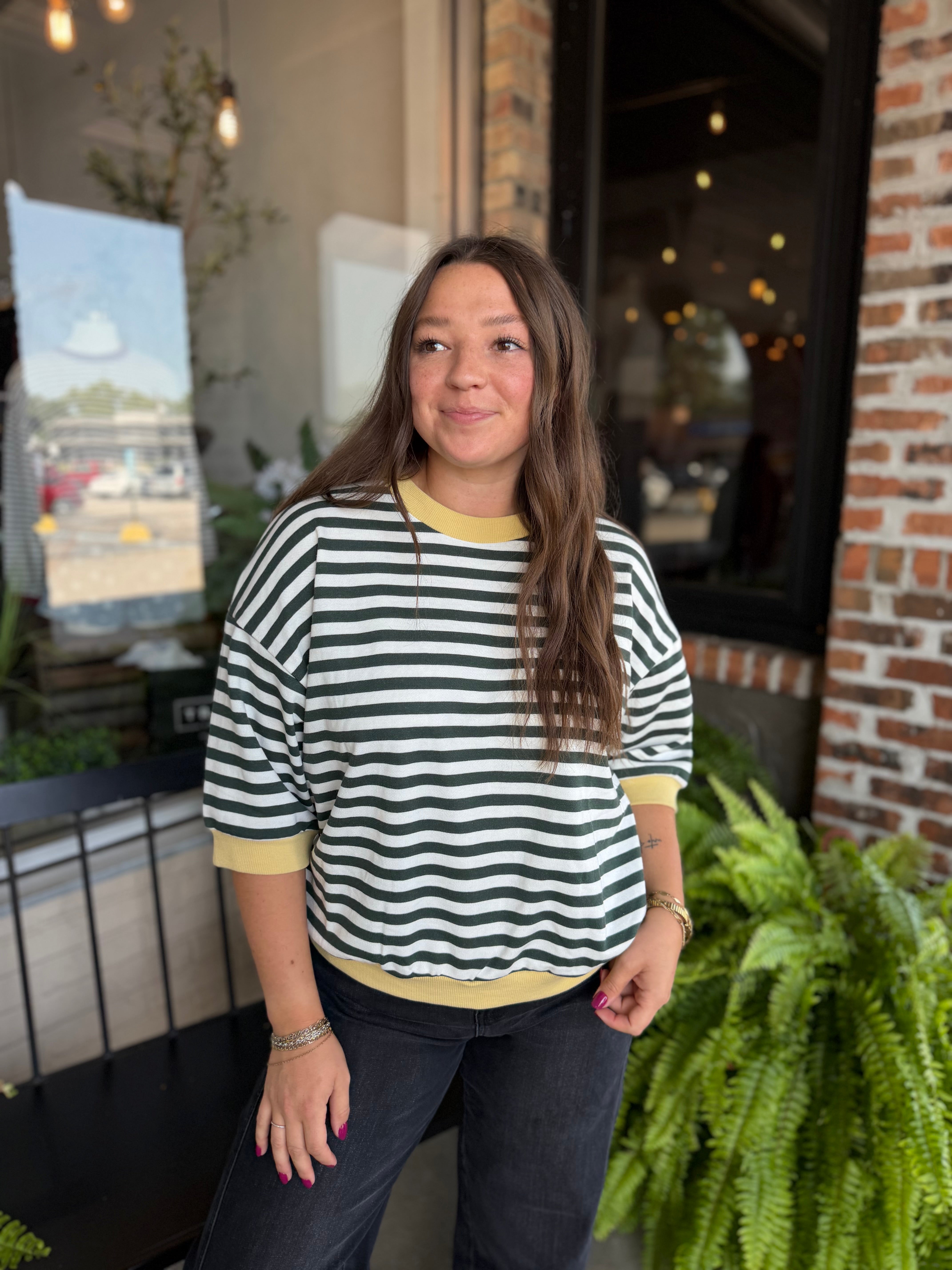 Green Stripe Drop Sleeve Top