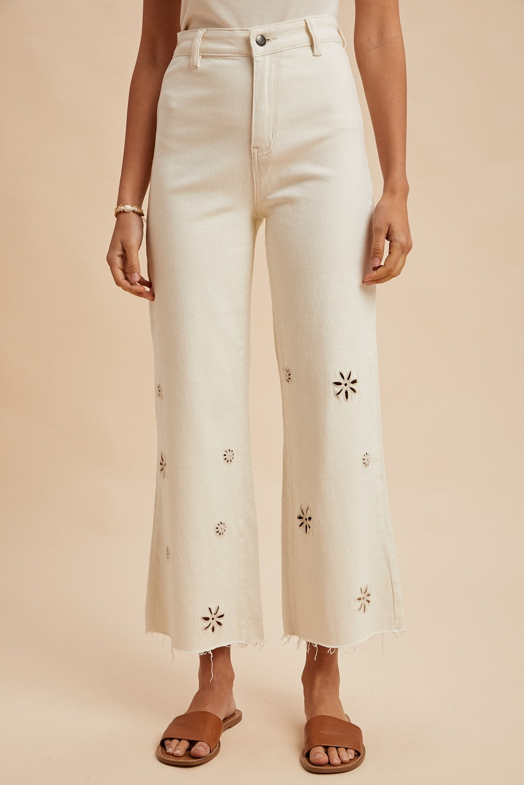 Oatmeal Eyelet Wide Leg Pants