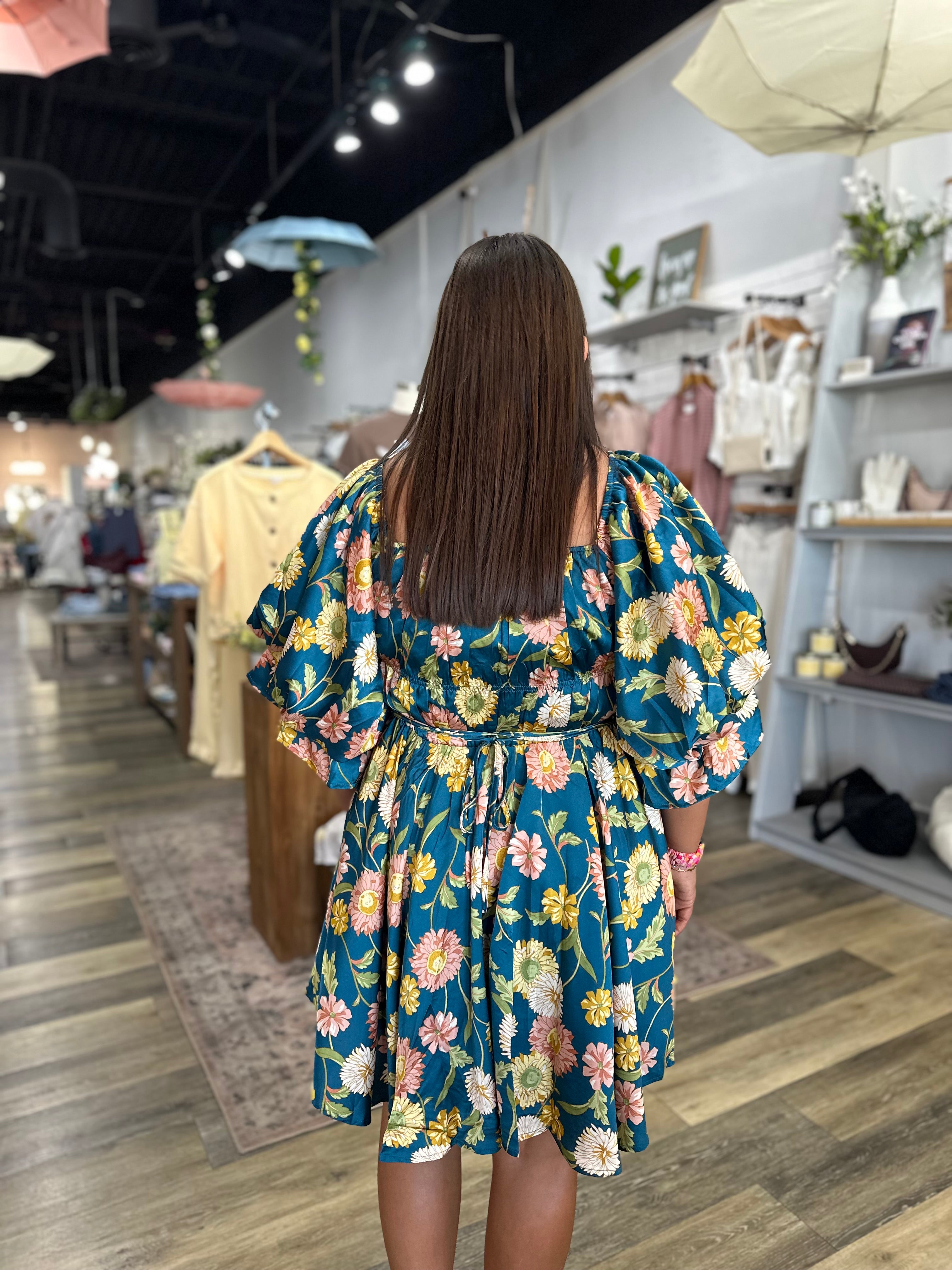 Teal Floral Bubble Sleeve Mini Dress