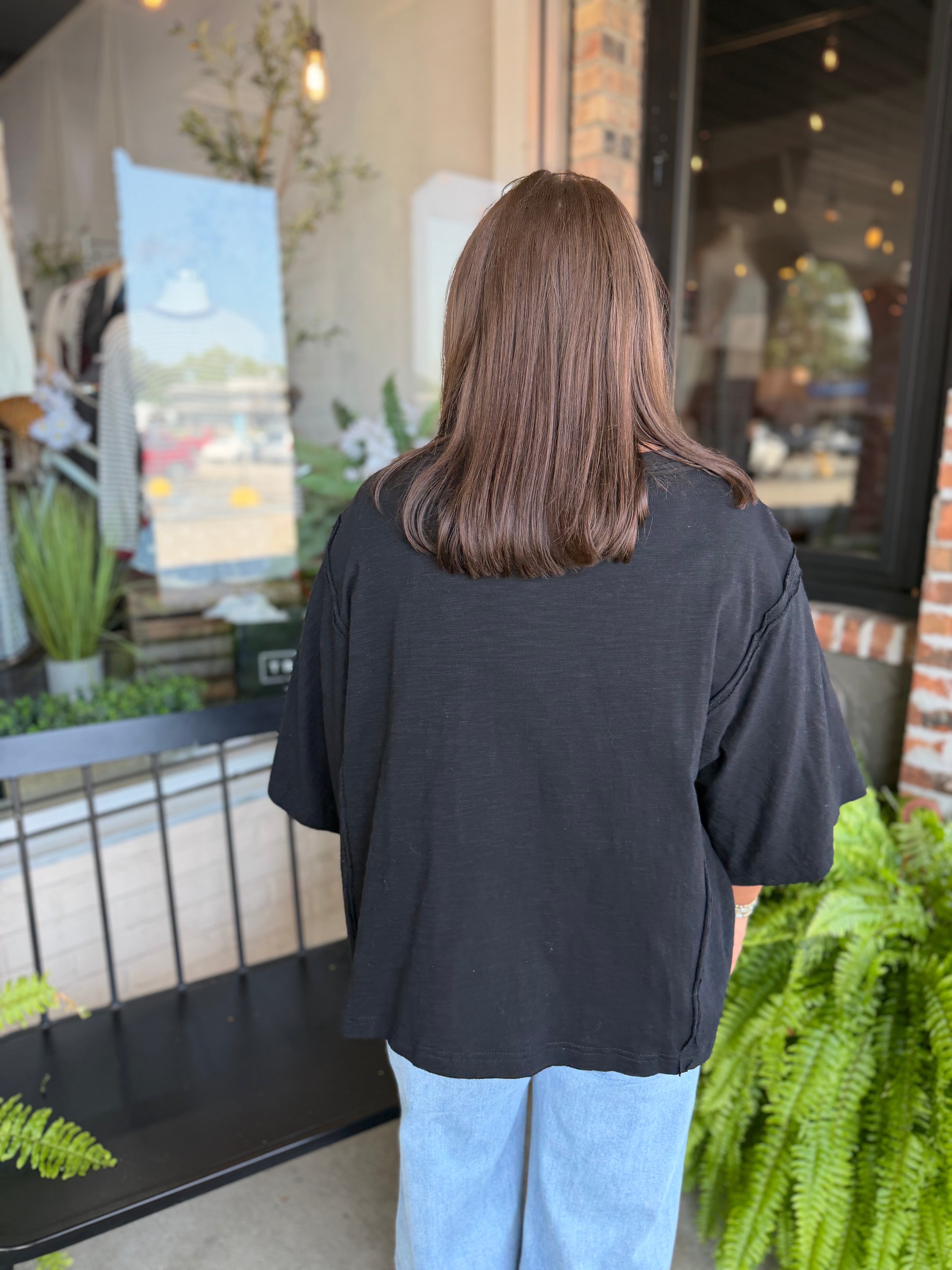 Black Cotton Raw Edge Oversized Tee