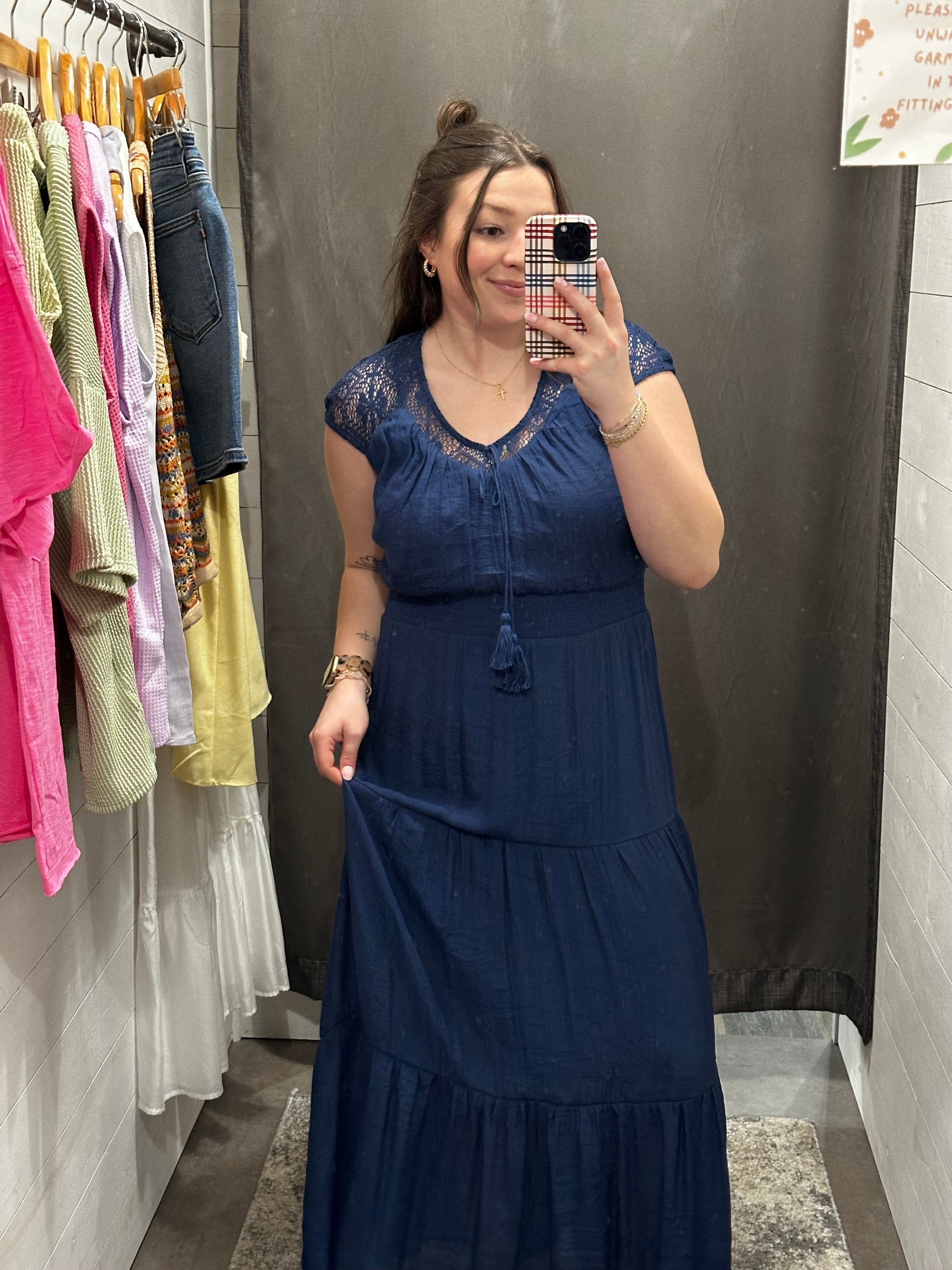 Navy Lace Smocked Maxi Dress