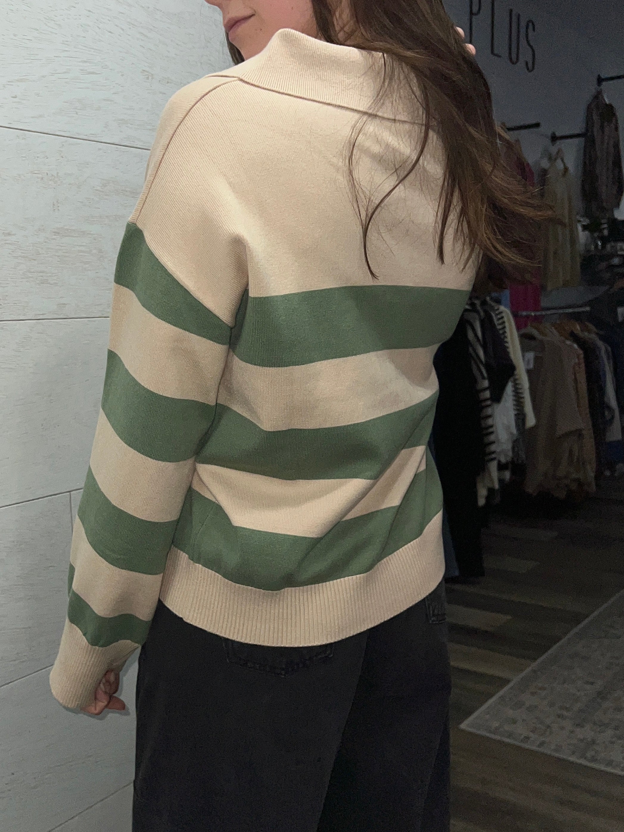 Olive Wide Stripe Polo Sweater - FINAL SALE
