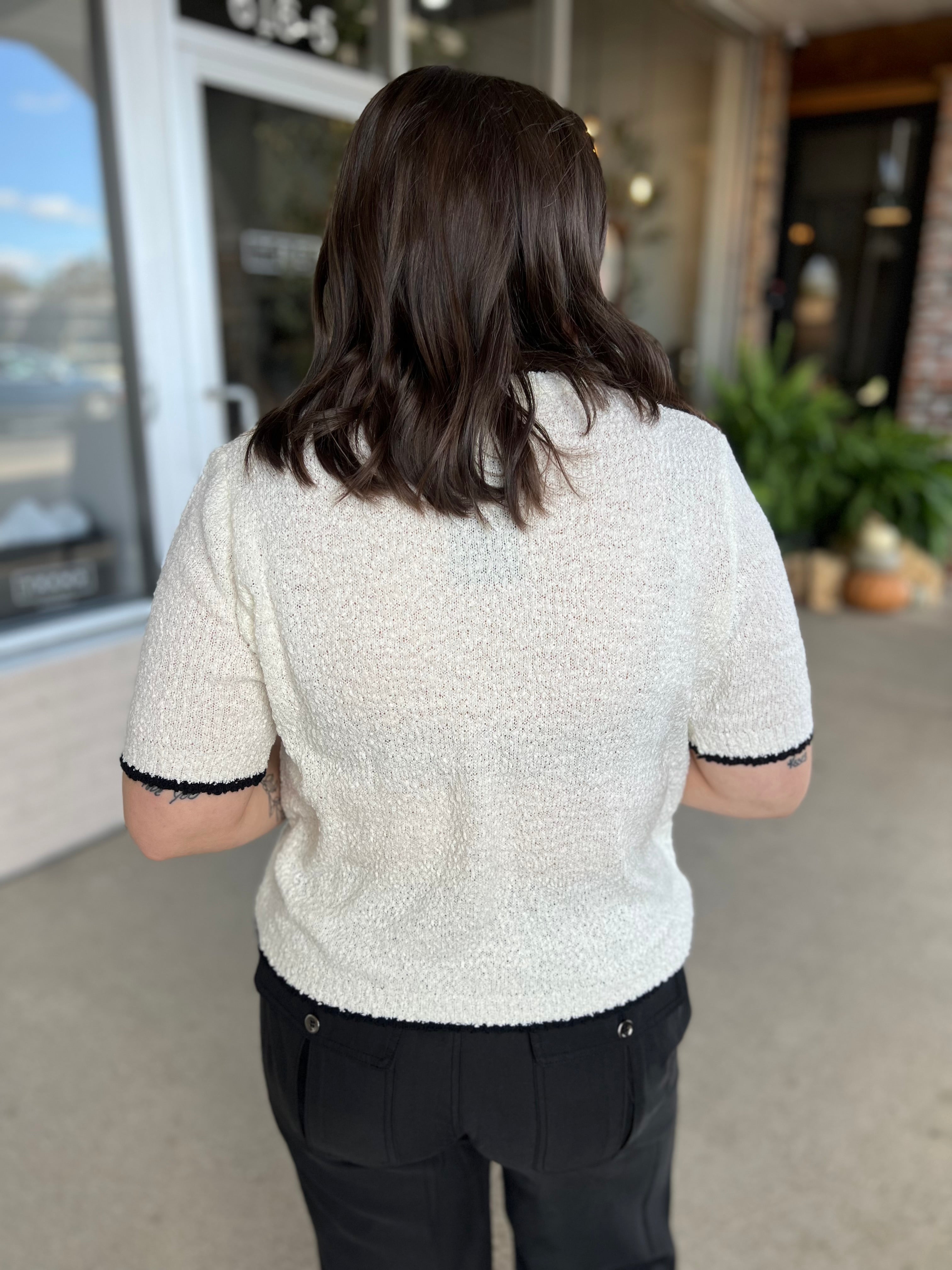 White Knit Top with Contrast Trim