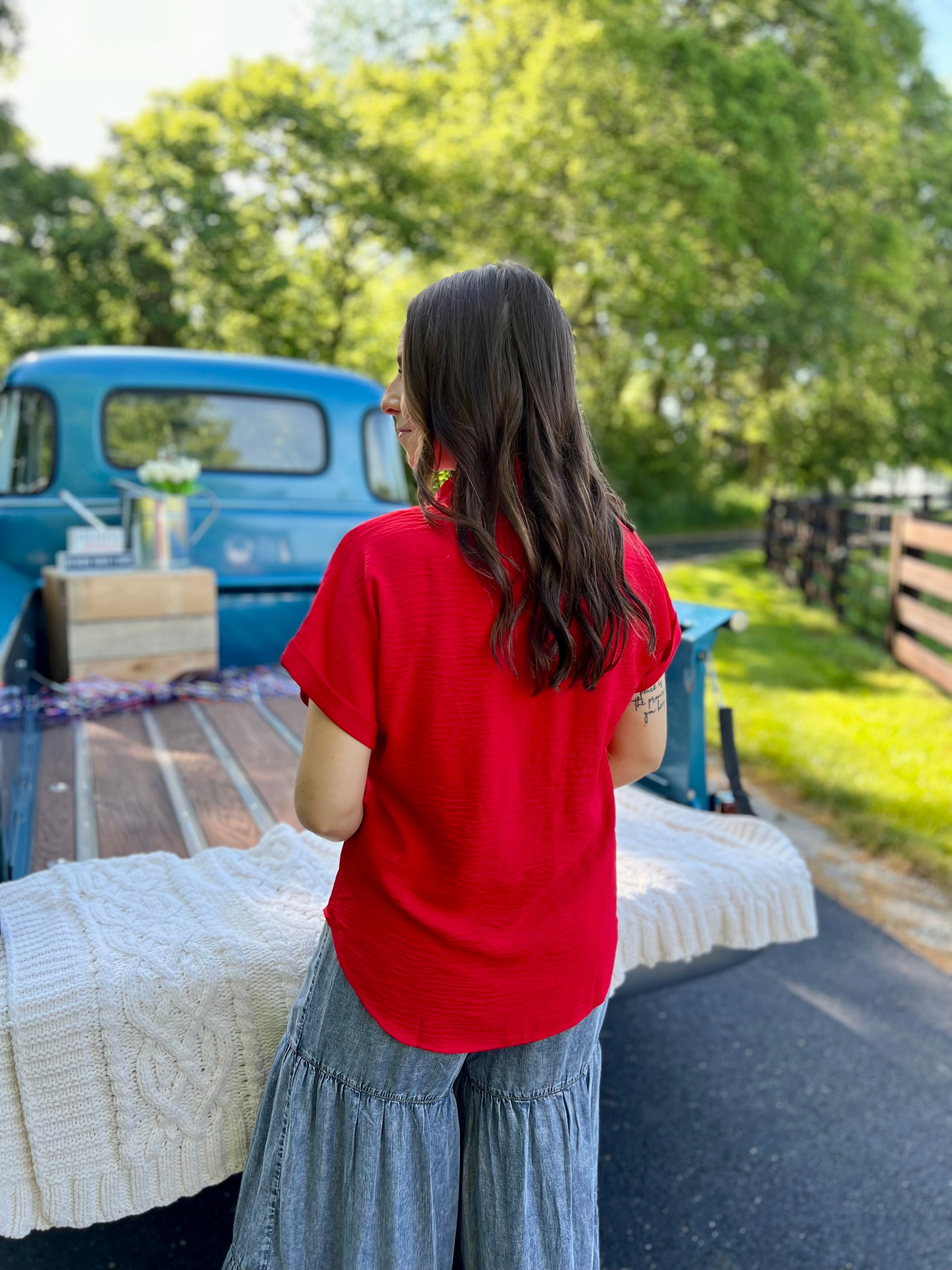 Red Short Sleeve Collar Top - FINAL SALE