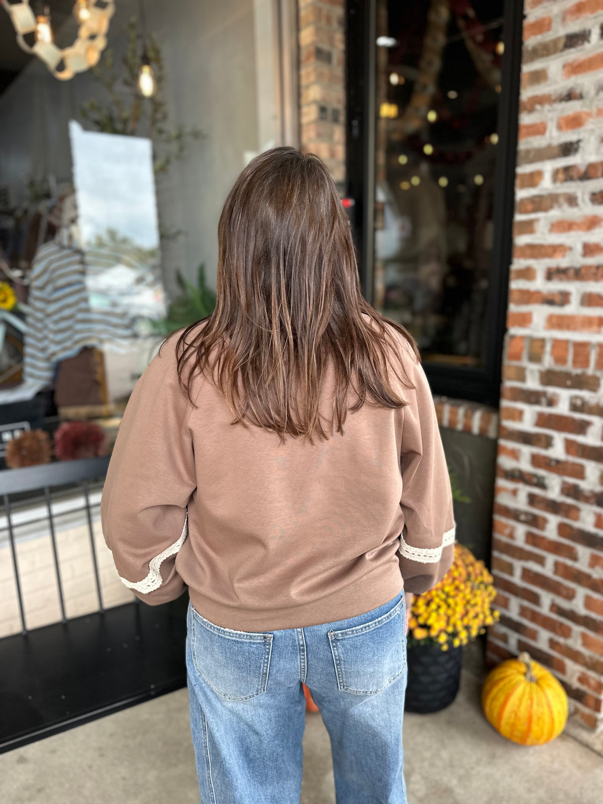 Brown Lace-Trimmed Sweatshirt