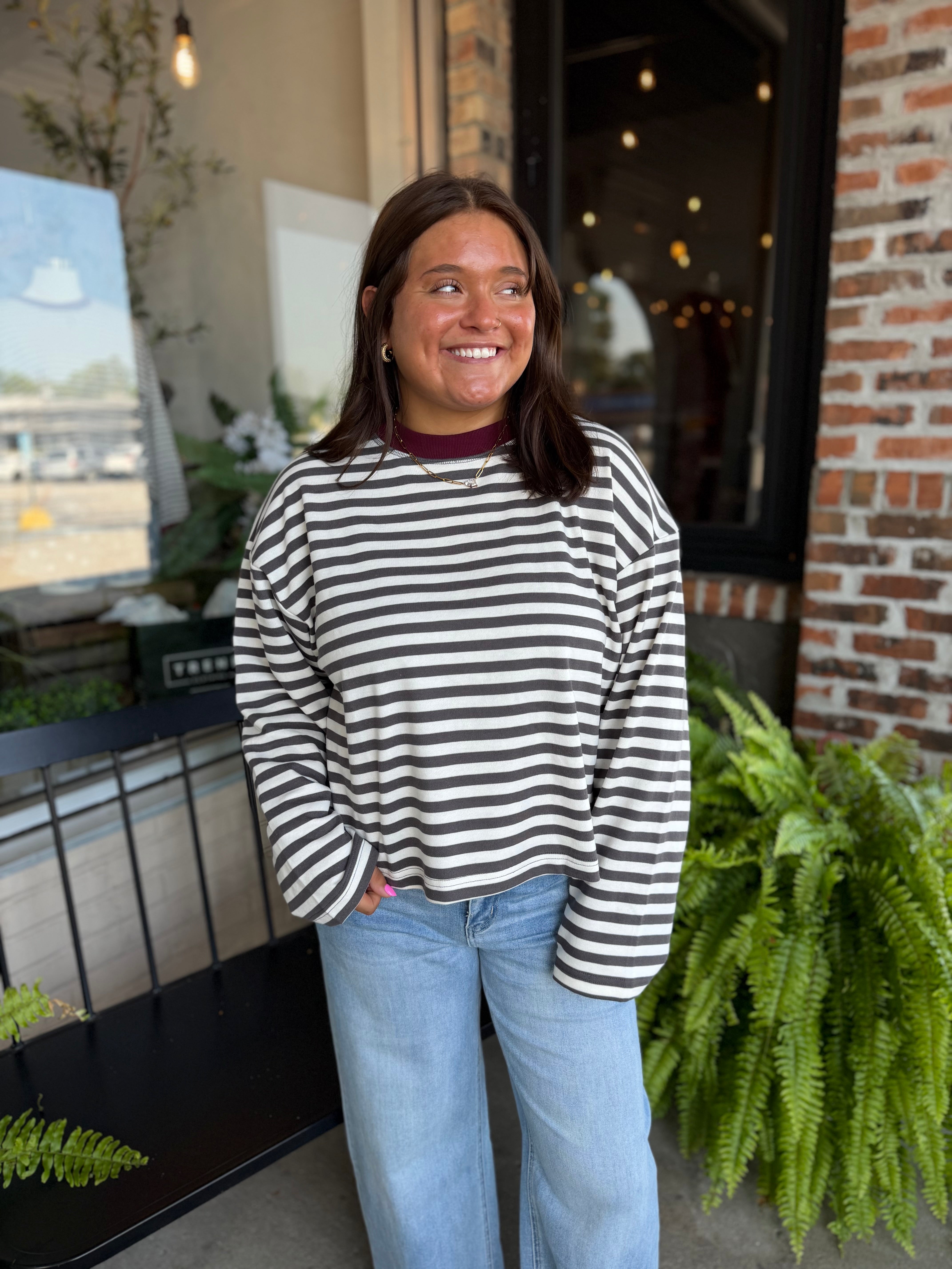 Charcoal Stripe Boxy Knit Long Sleeve