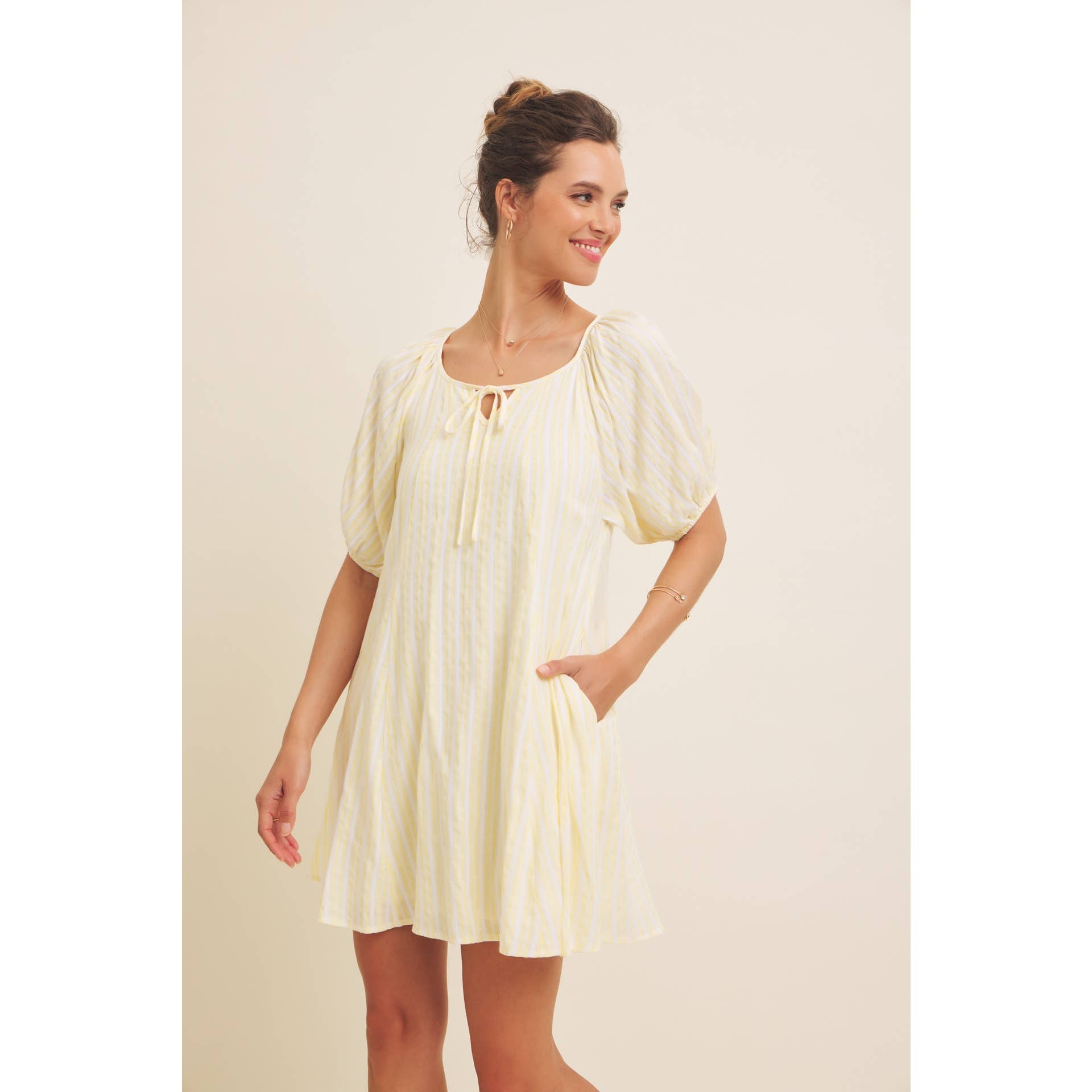Lemon Textured Stripe Flare Dress