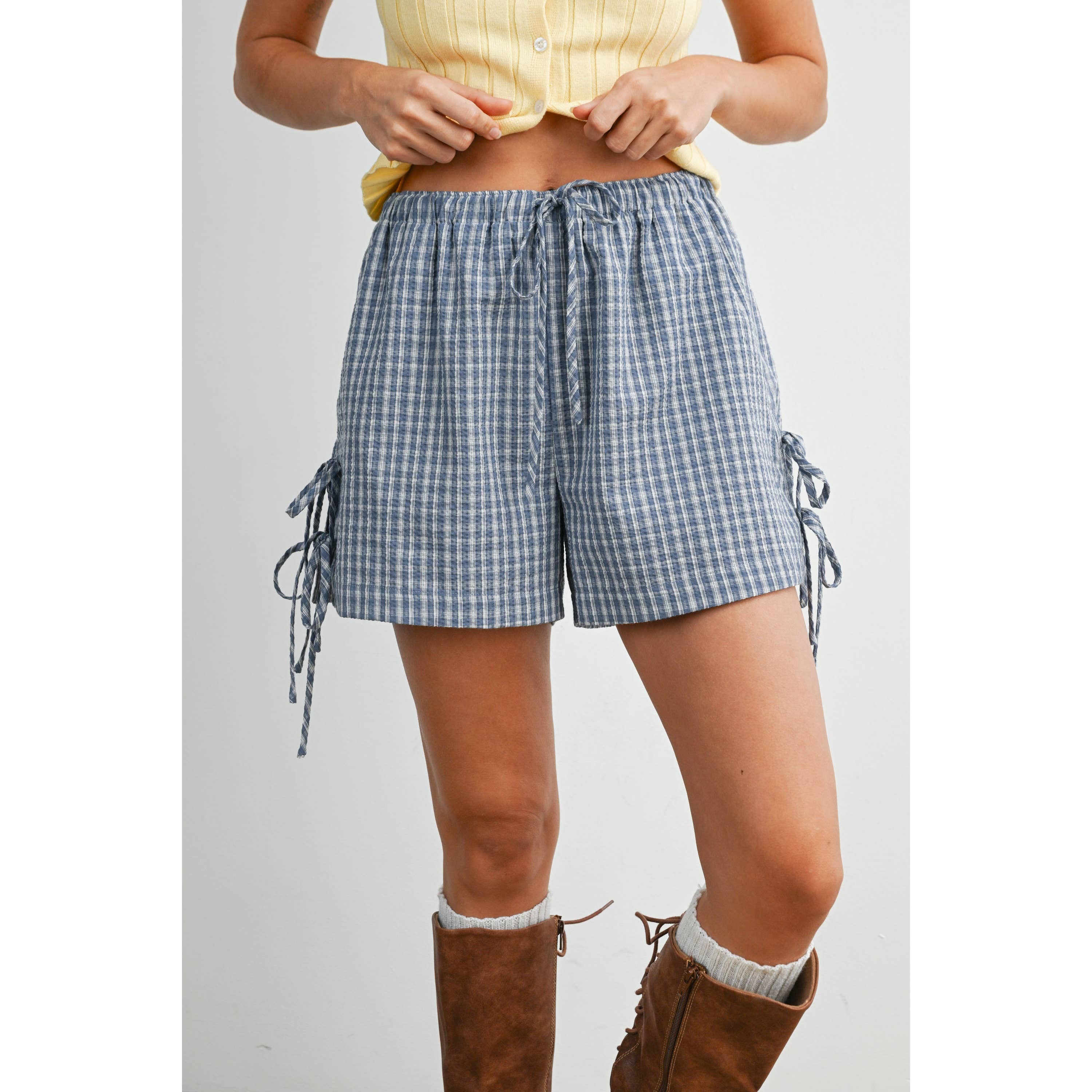 Navy Plaid Side-Tie Elastic Waist Shorts
