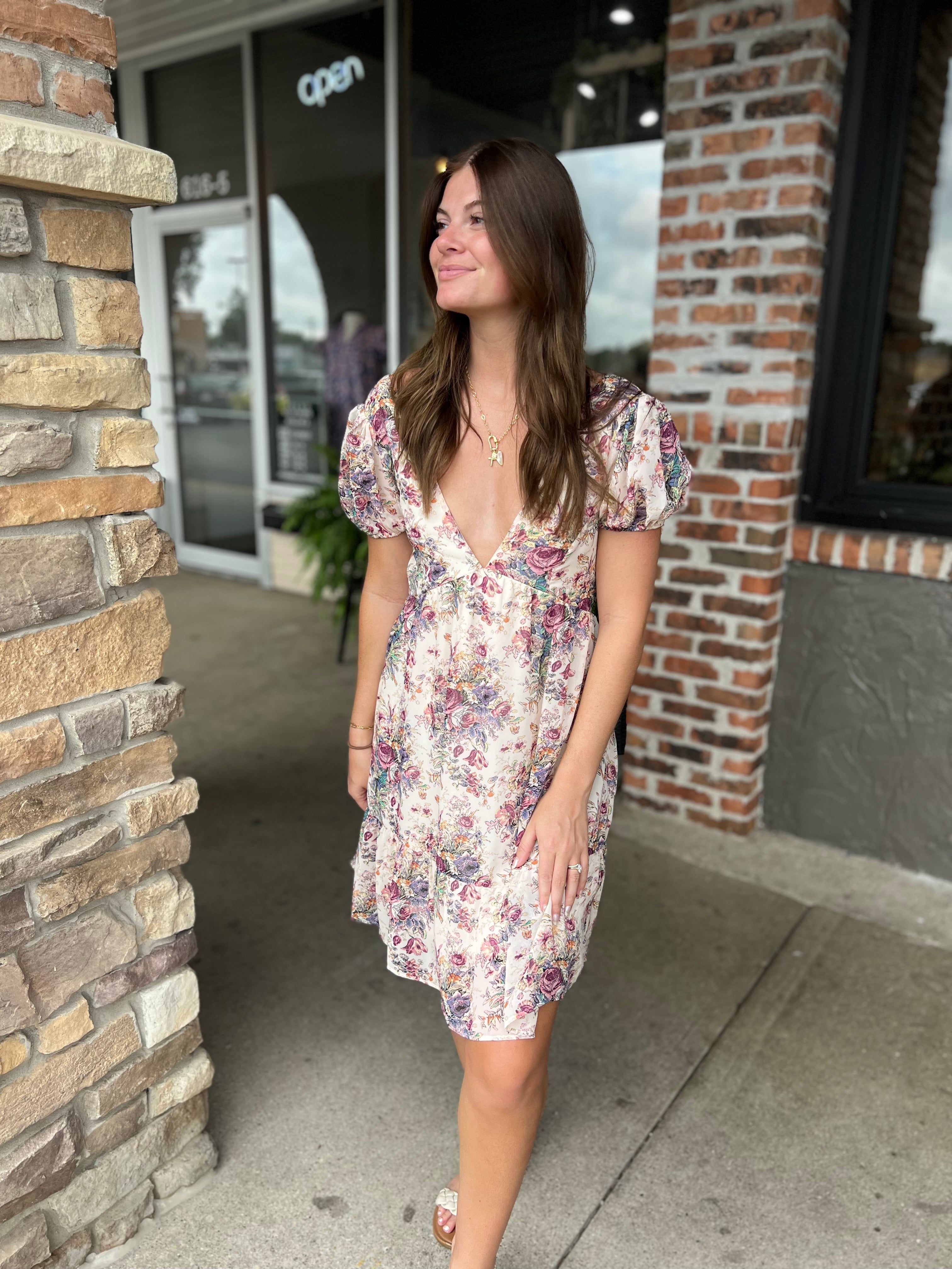 Cream Floral Back Tie Dress