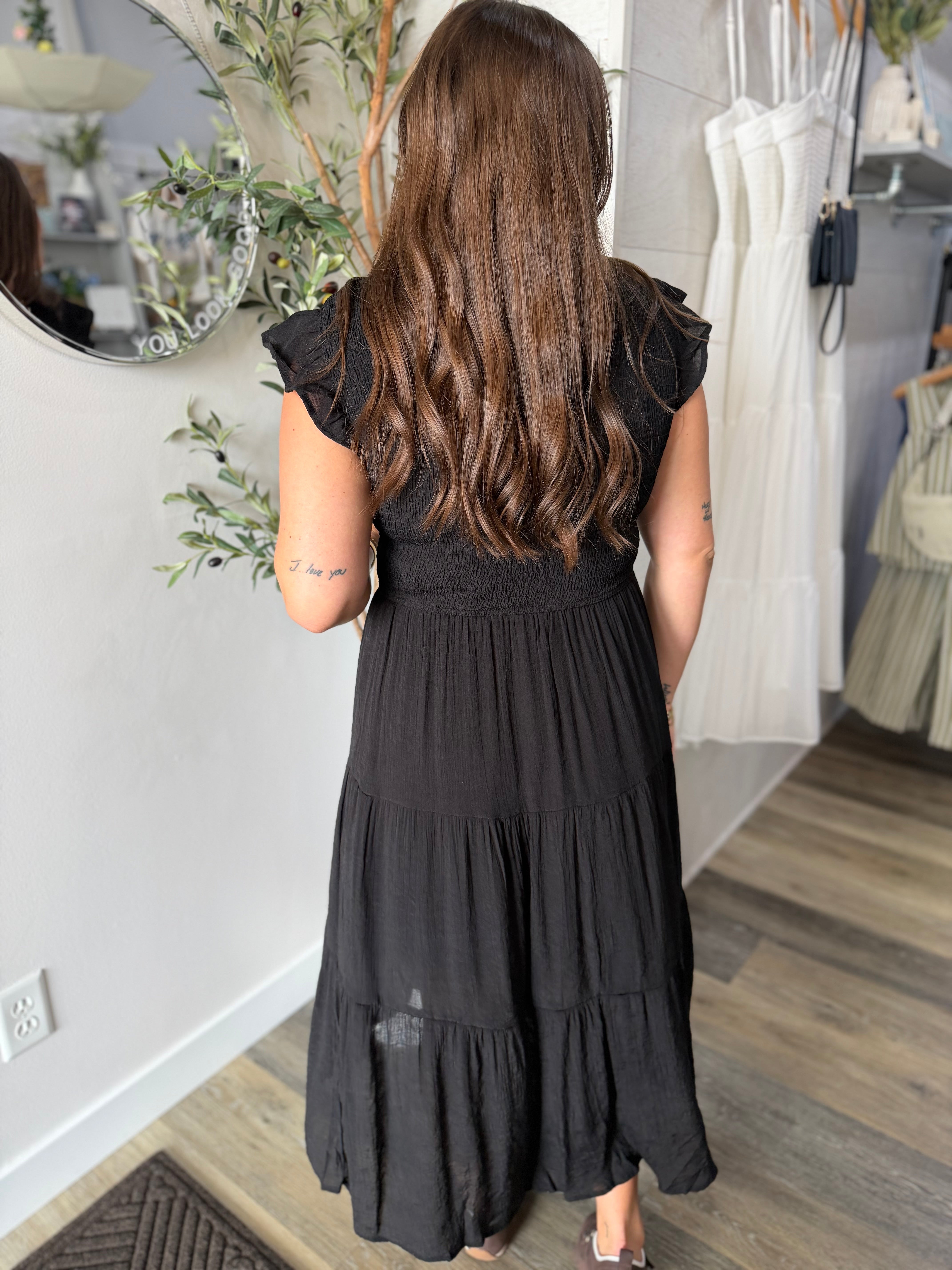 Black Smocked Midi Dress