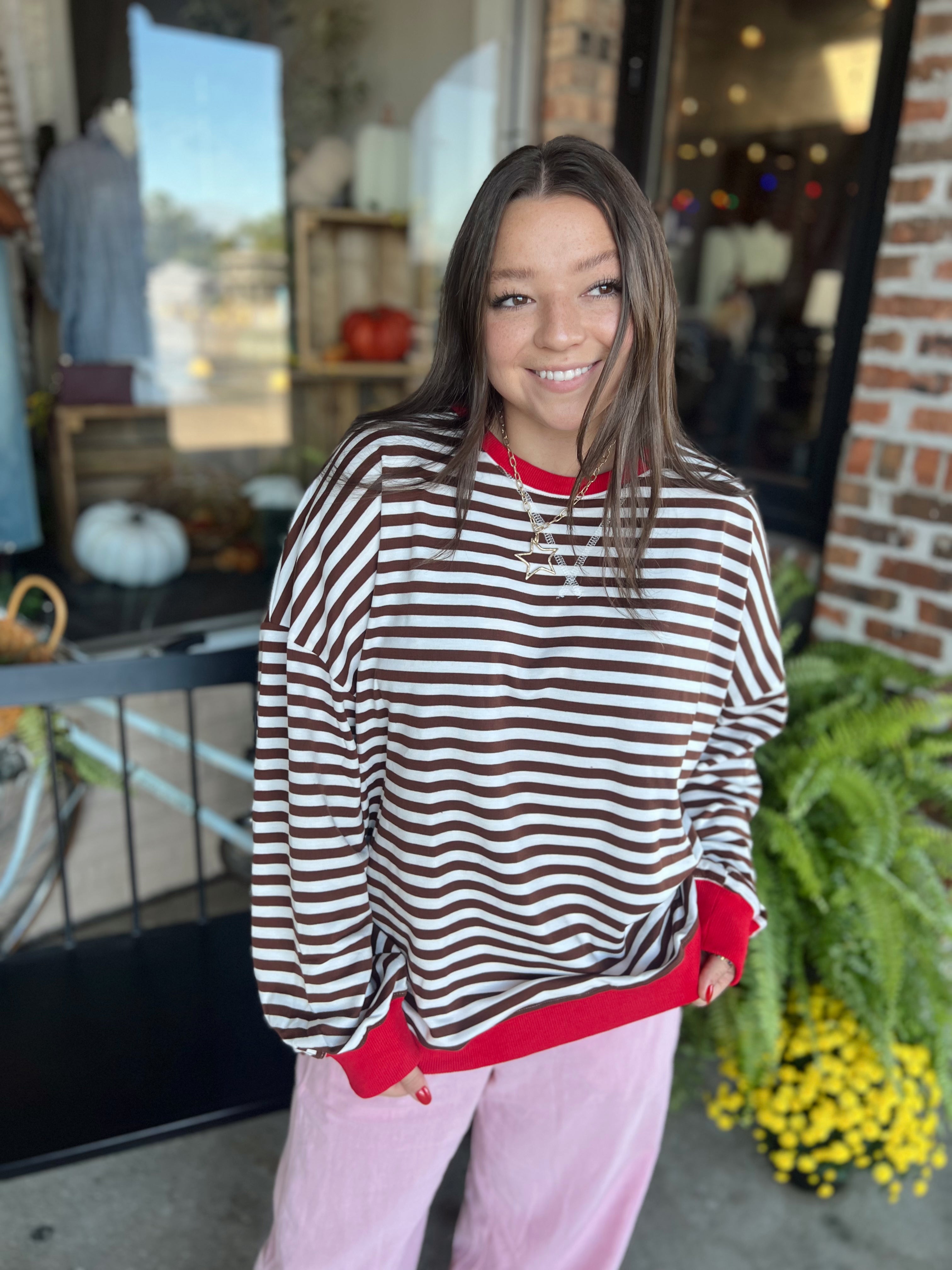 BROWN STRIPE LOOSE FIT PULLOVER TOP