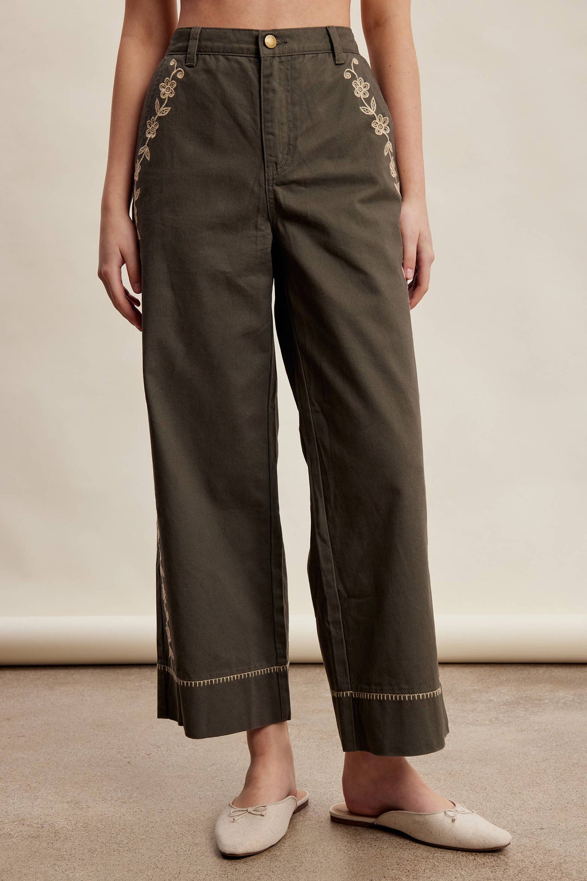 Olive Floral Embroidered Crop Wide-Leg Pants