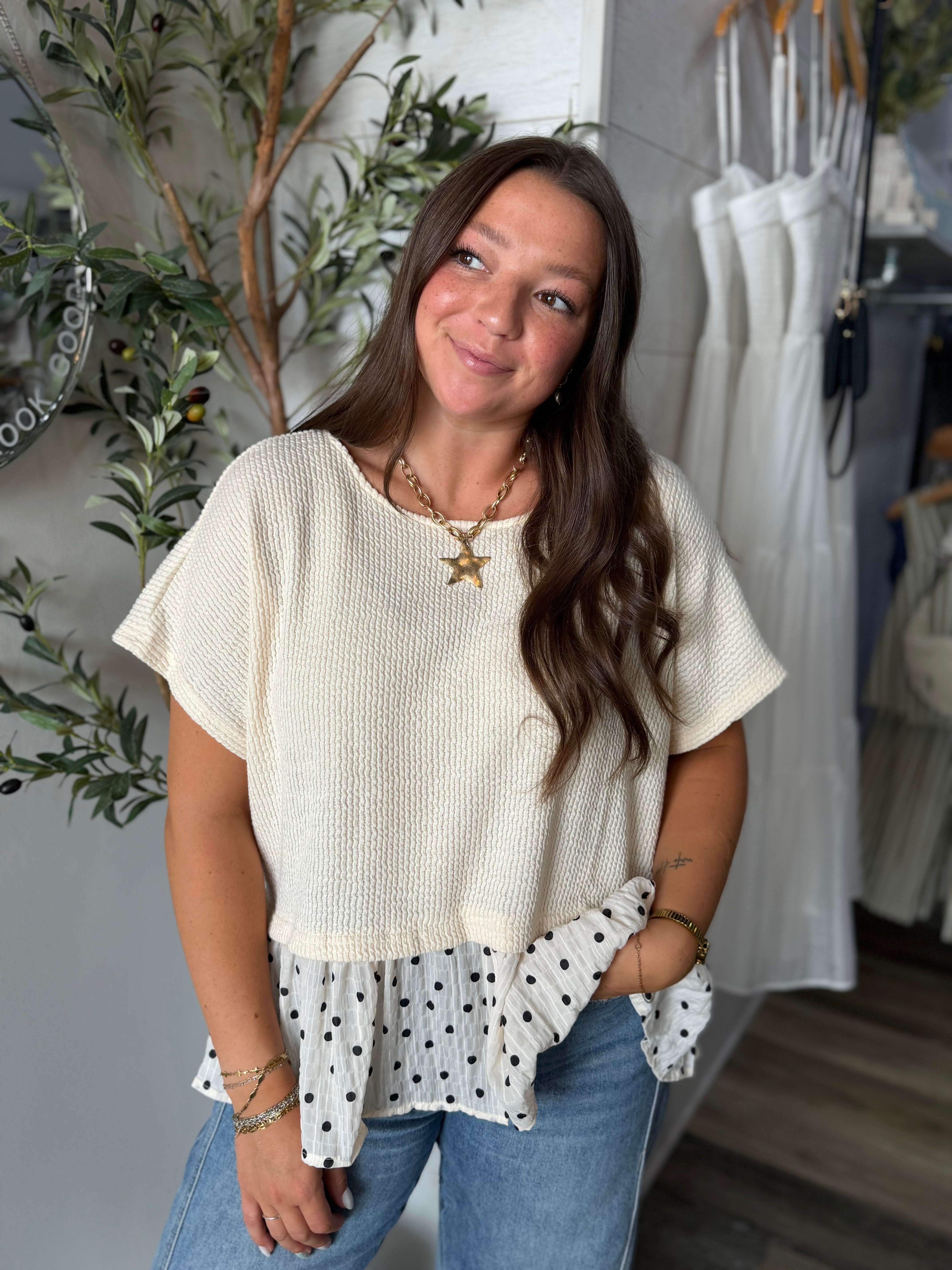 Cream Polka Dot Ruffle Hem Top