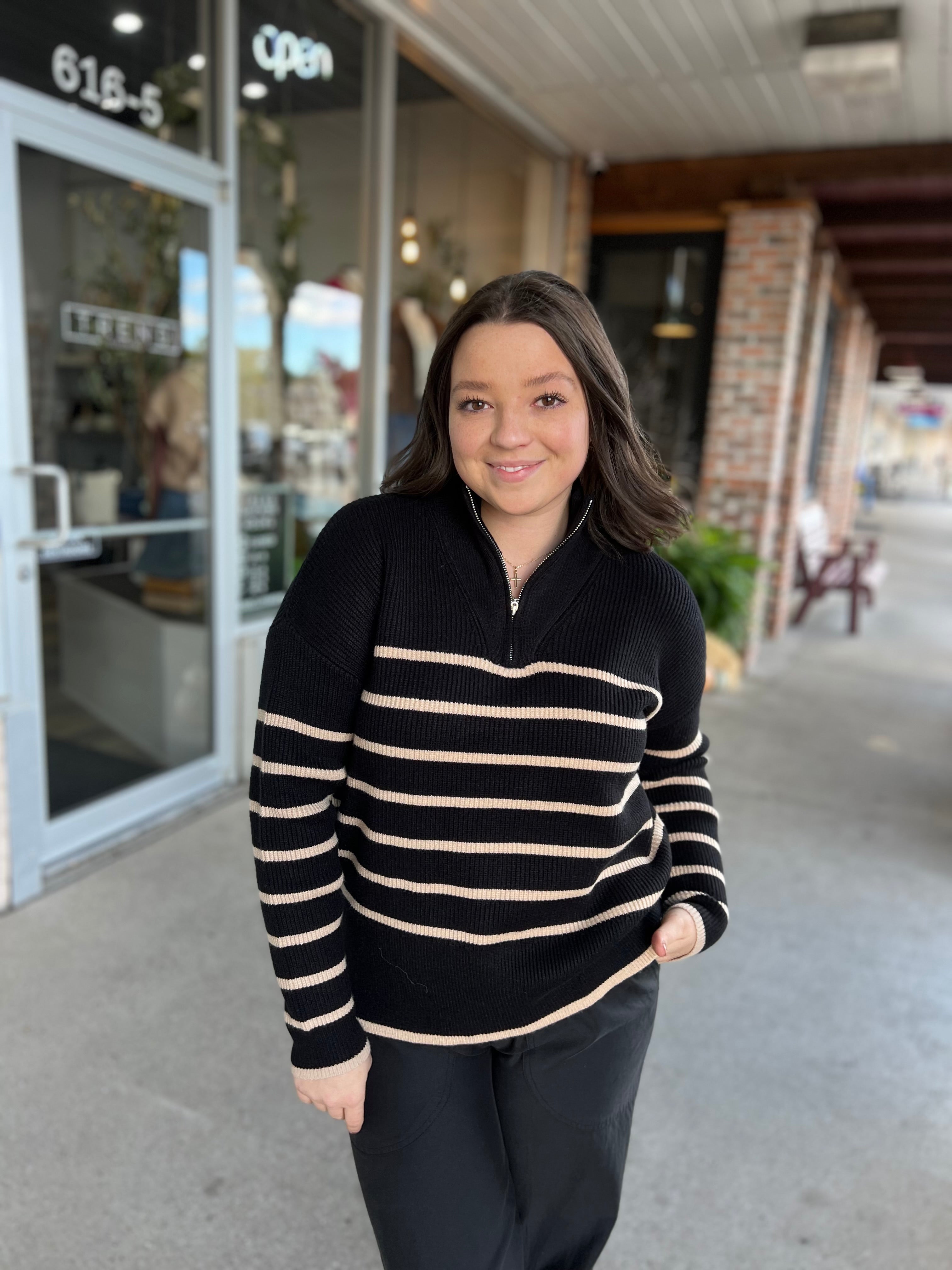 Taupe Stripe Quarter Zip Sweater