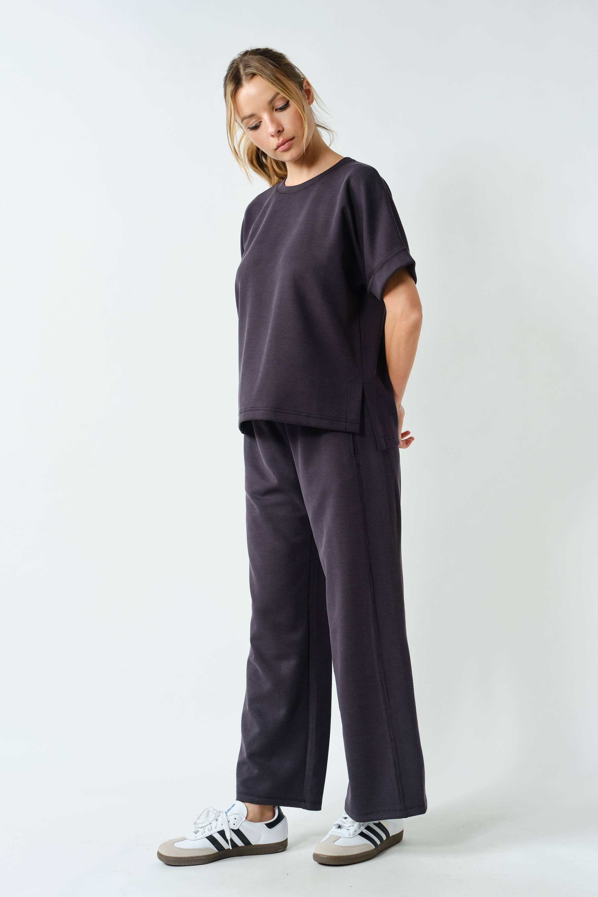 Black Sand Wash Rib Wide-Leg Pants