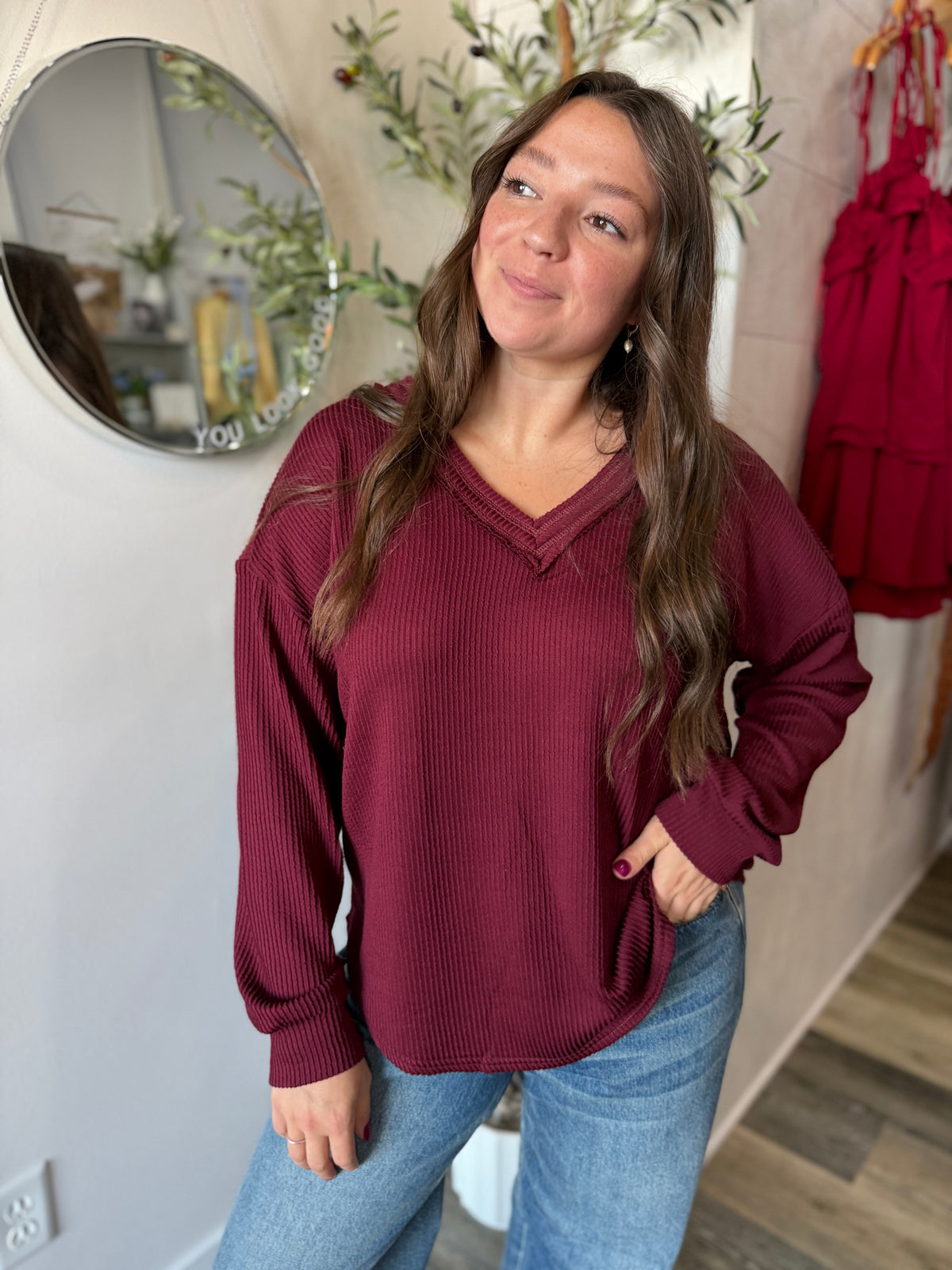 Burgundy V-Neck Textured Top