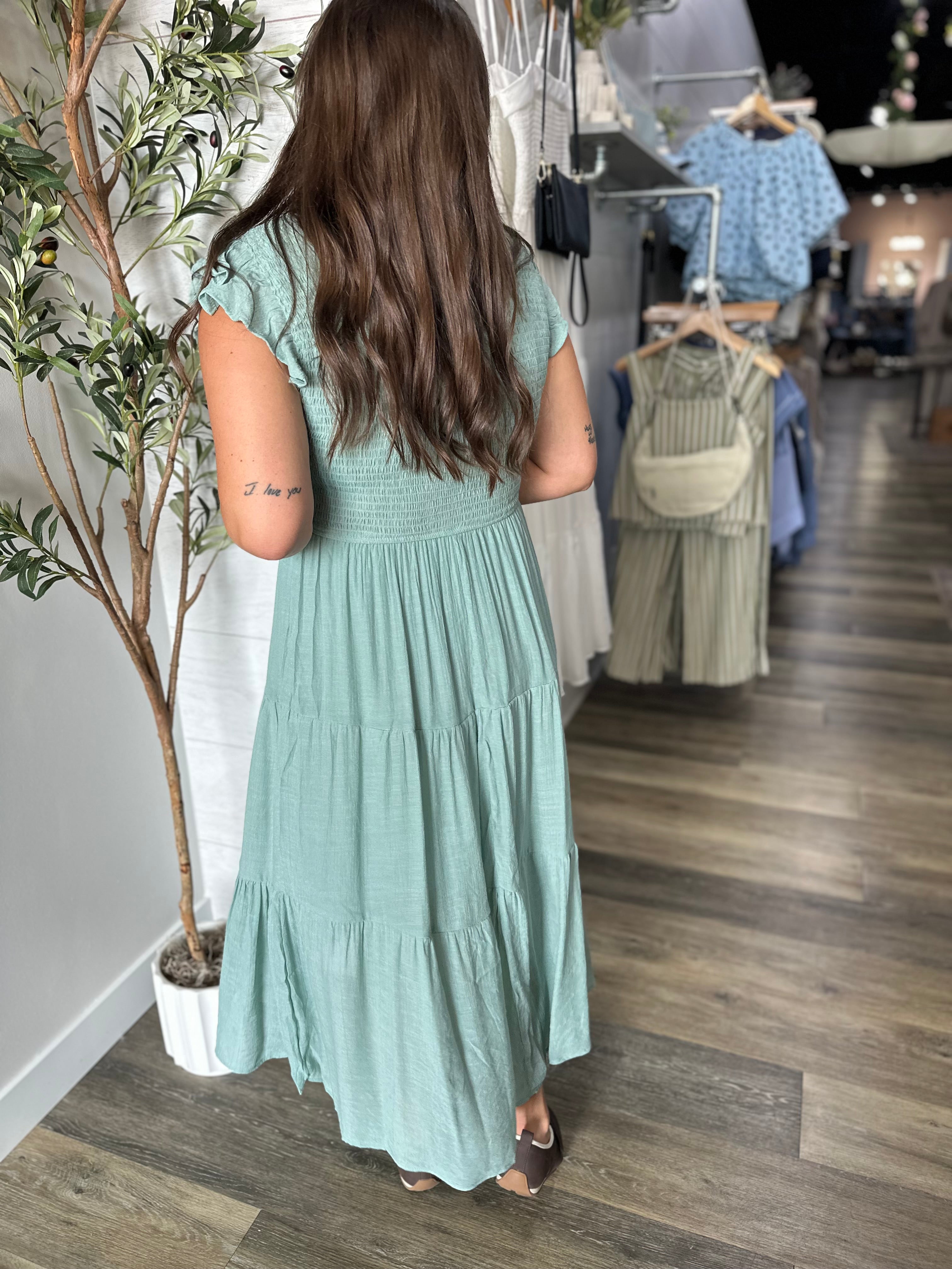 Sage Smocked Midi Dress