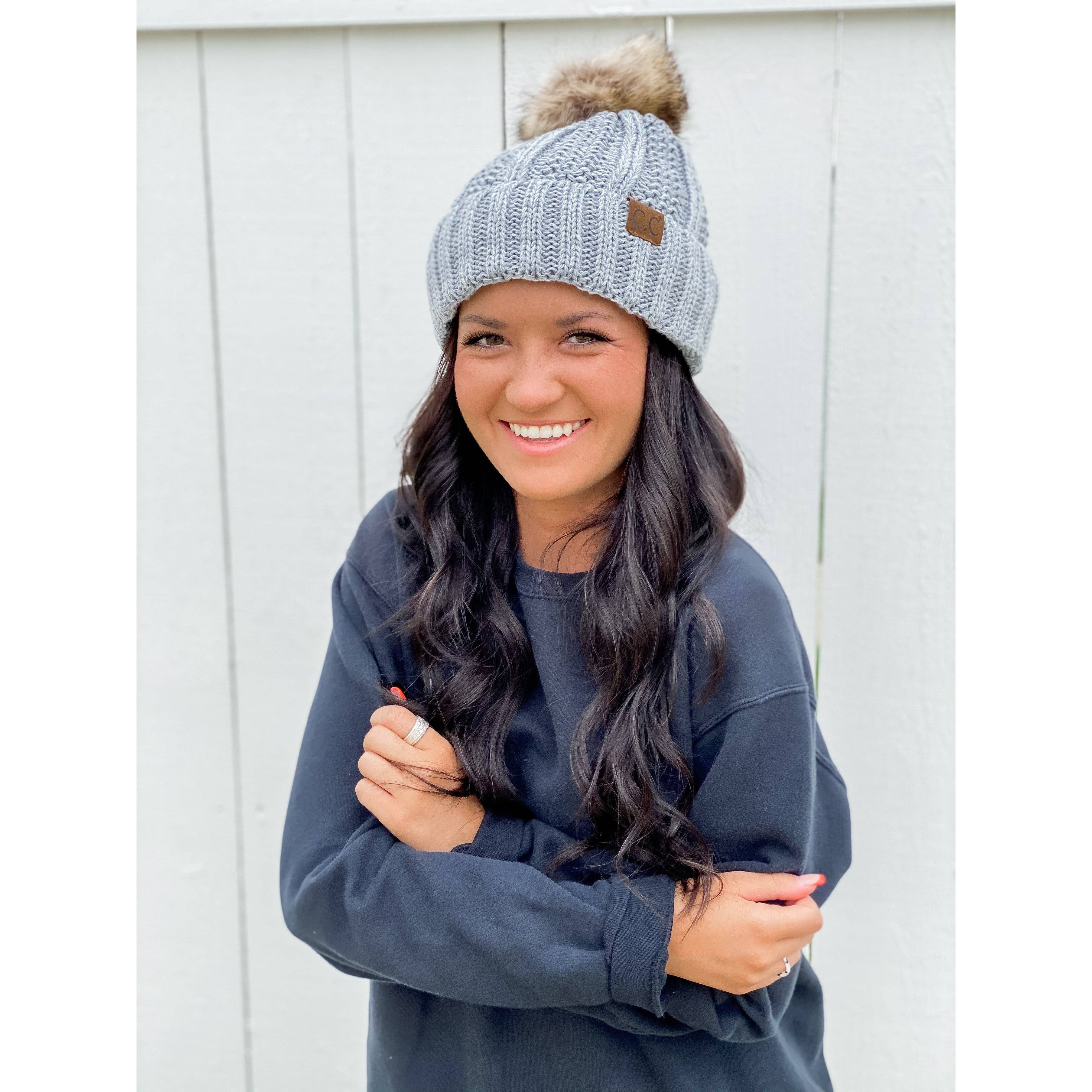 Grey Fuzzy Lined Multi Tone Fur Pom Beanie