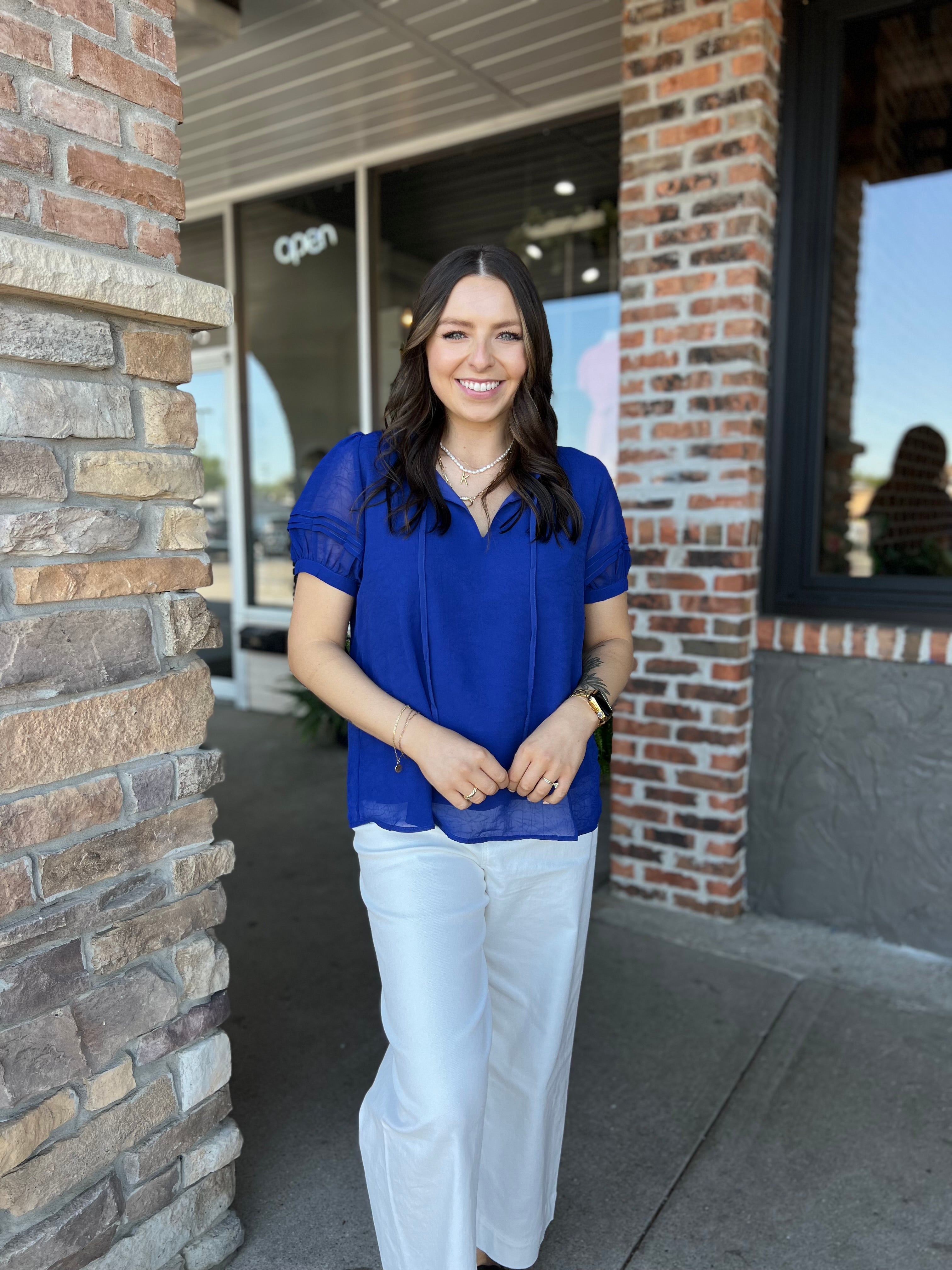 Blue Tie Front Blouse - FINAL SALE