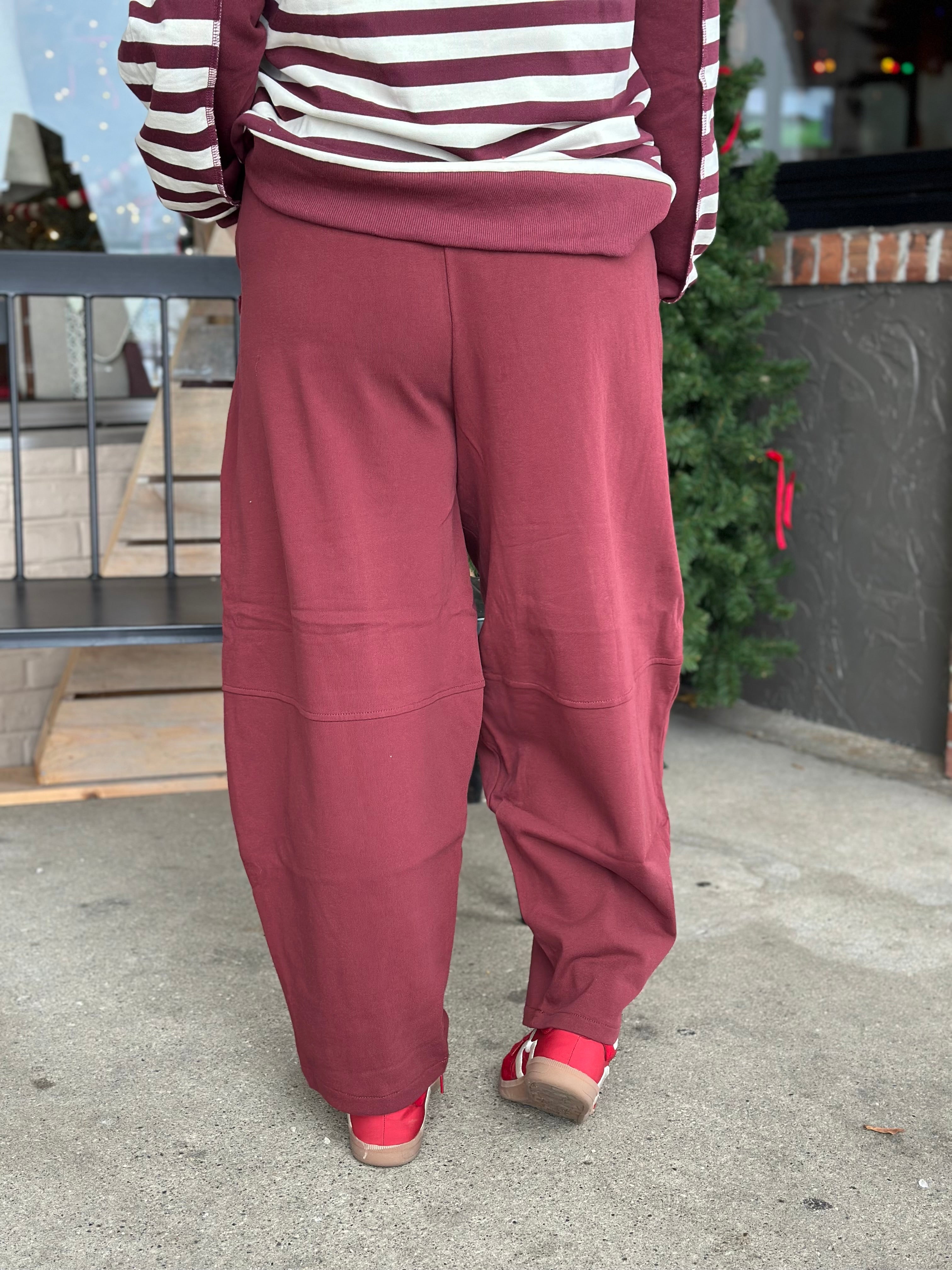 Burgundy Braid Waist Tie Barrel Pants