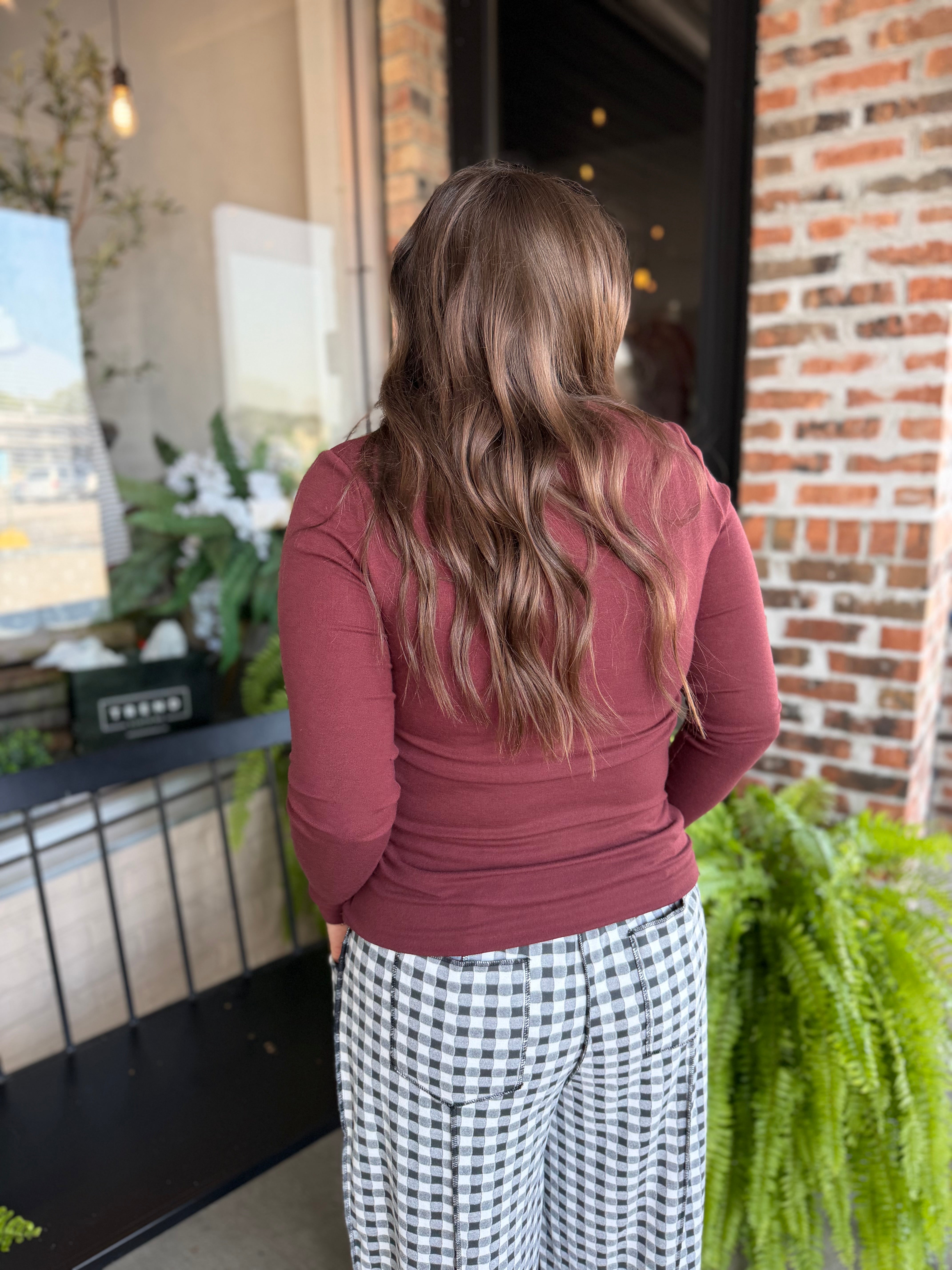Wine Round Neck Long Sleeve Top