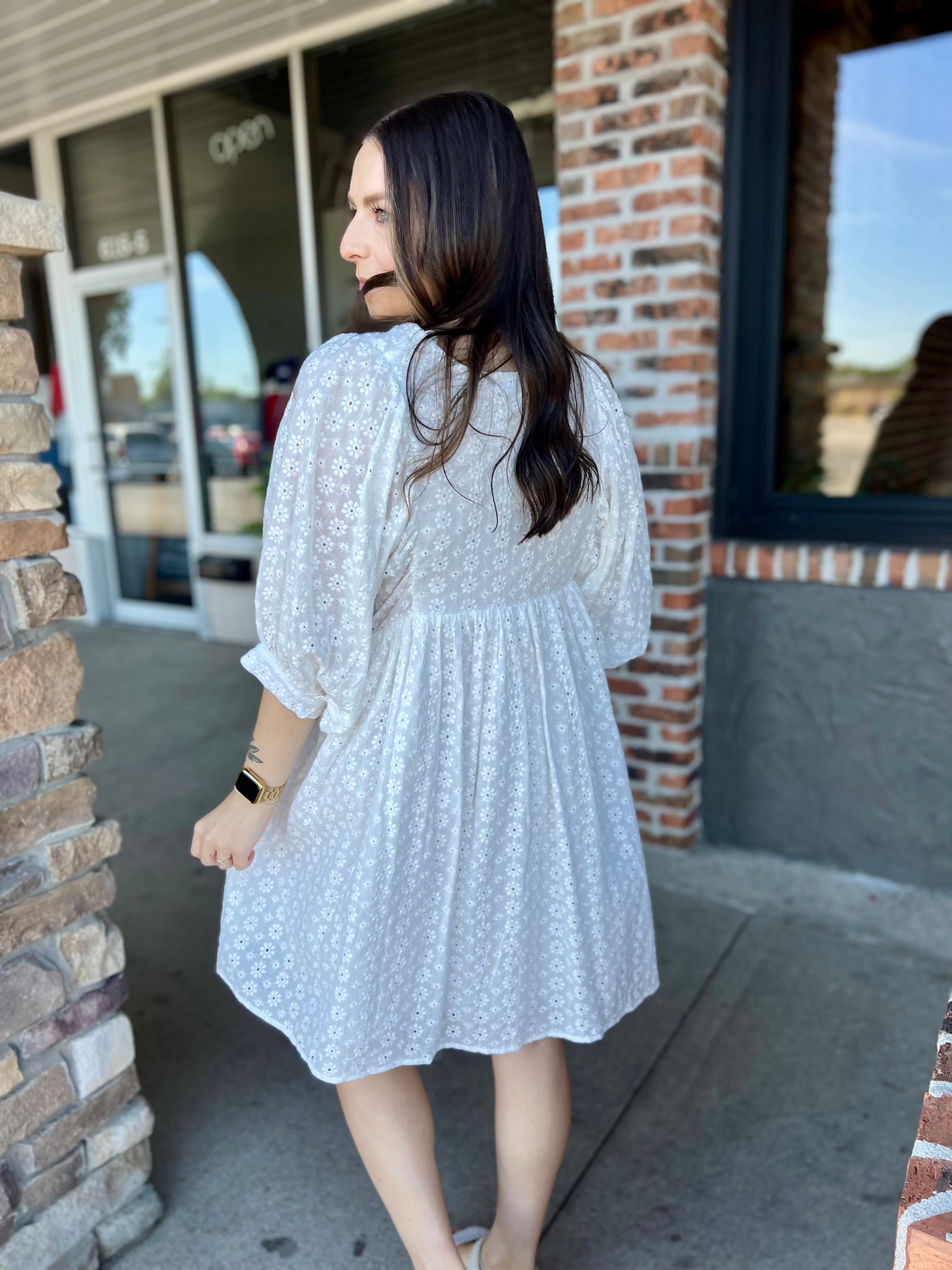White Embroidered Puff Sleeve Dress