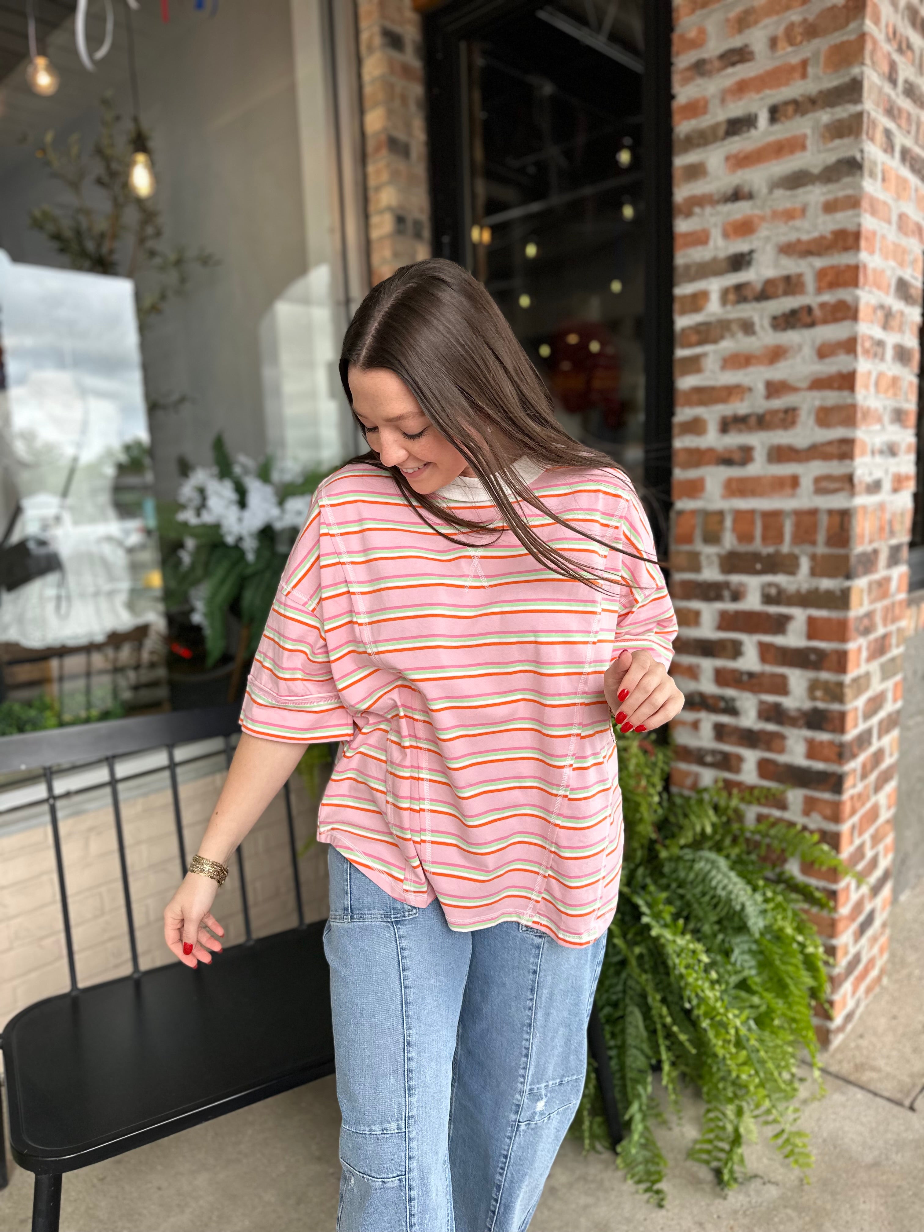 Pink Striped Oversized Short Sleeve Top