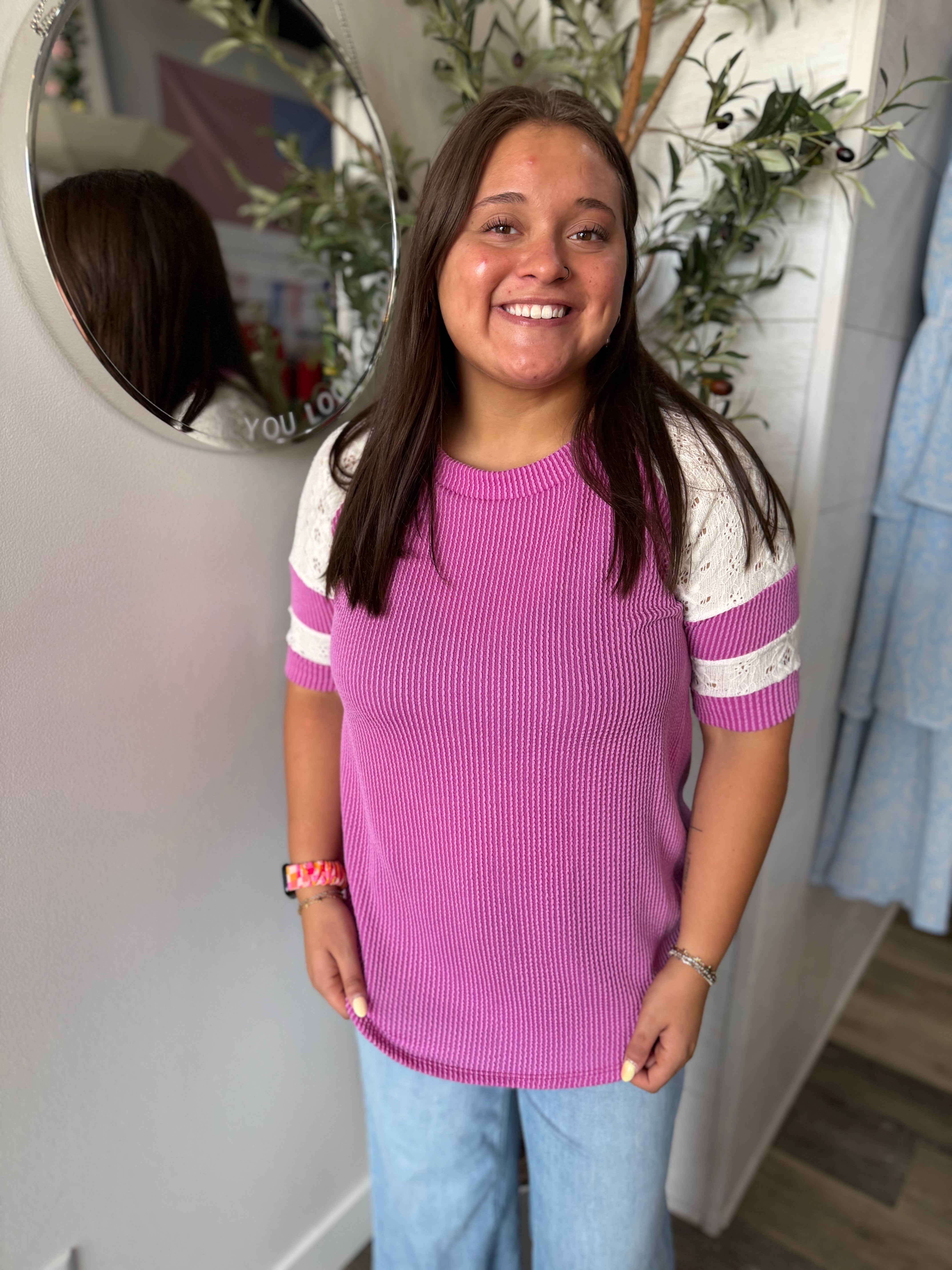 Magenta Ribbed Eyelet Lace Top