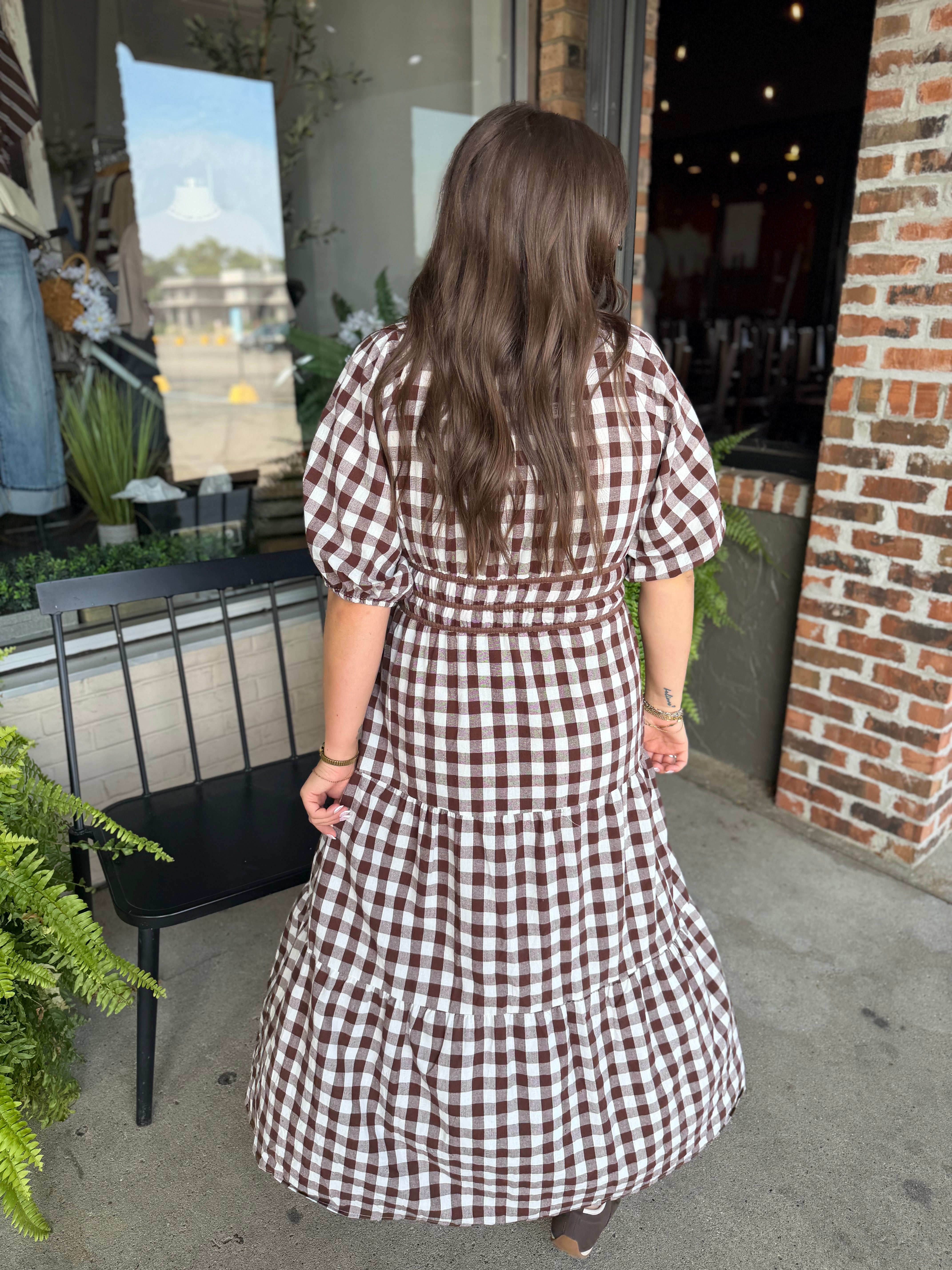 Brown Gingham Midi Dress