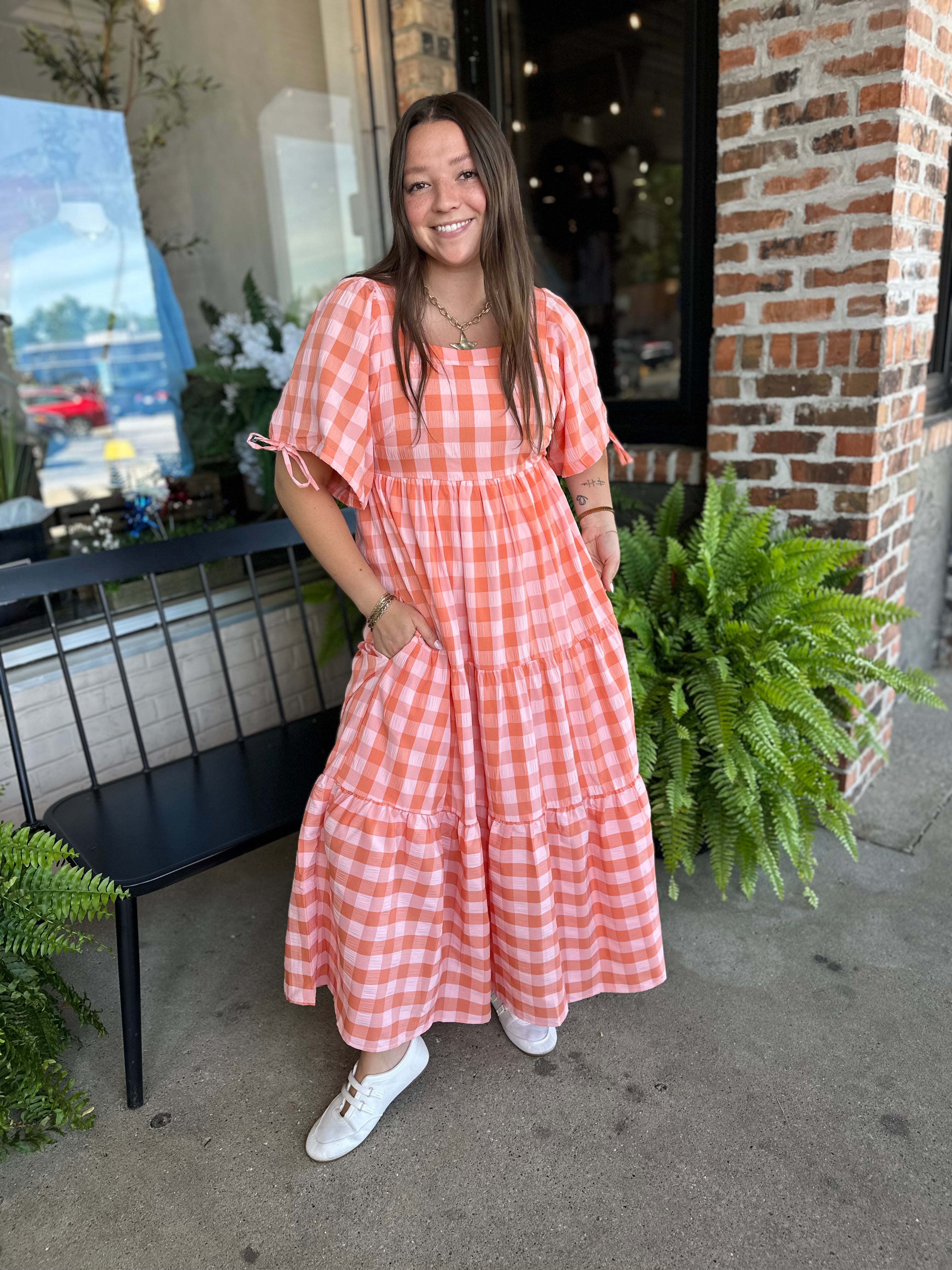 Salmon Gingham Tiered Maxi Dress